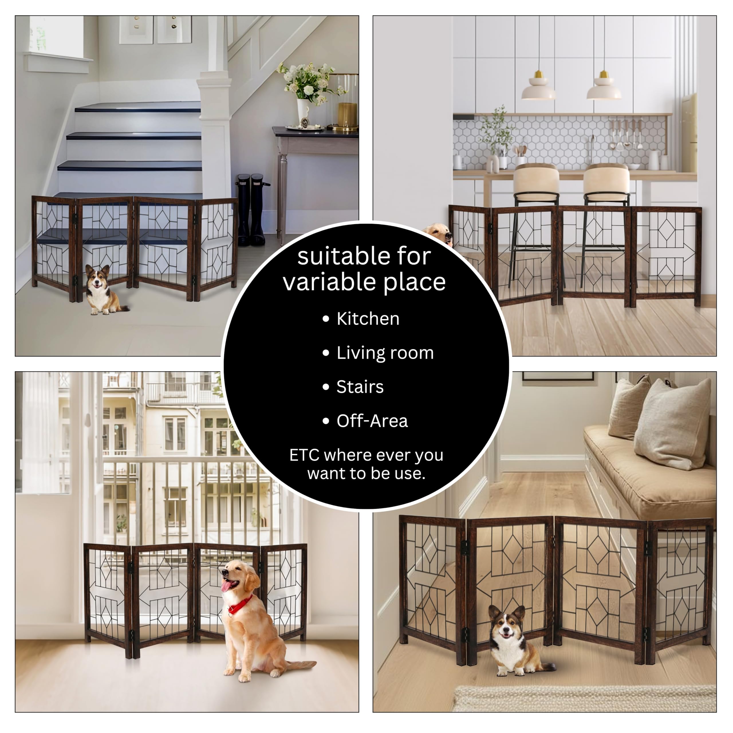 Antique Burnt 24 X 72 Dog Gate - 4 Panels, Indoor & Outdoor, Stairs & Doorway, Free Standing Dog Gate With Door, 24 X 72 With 4