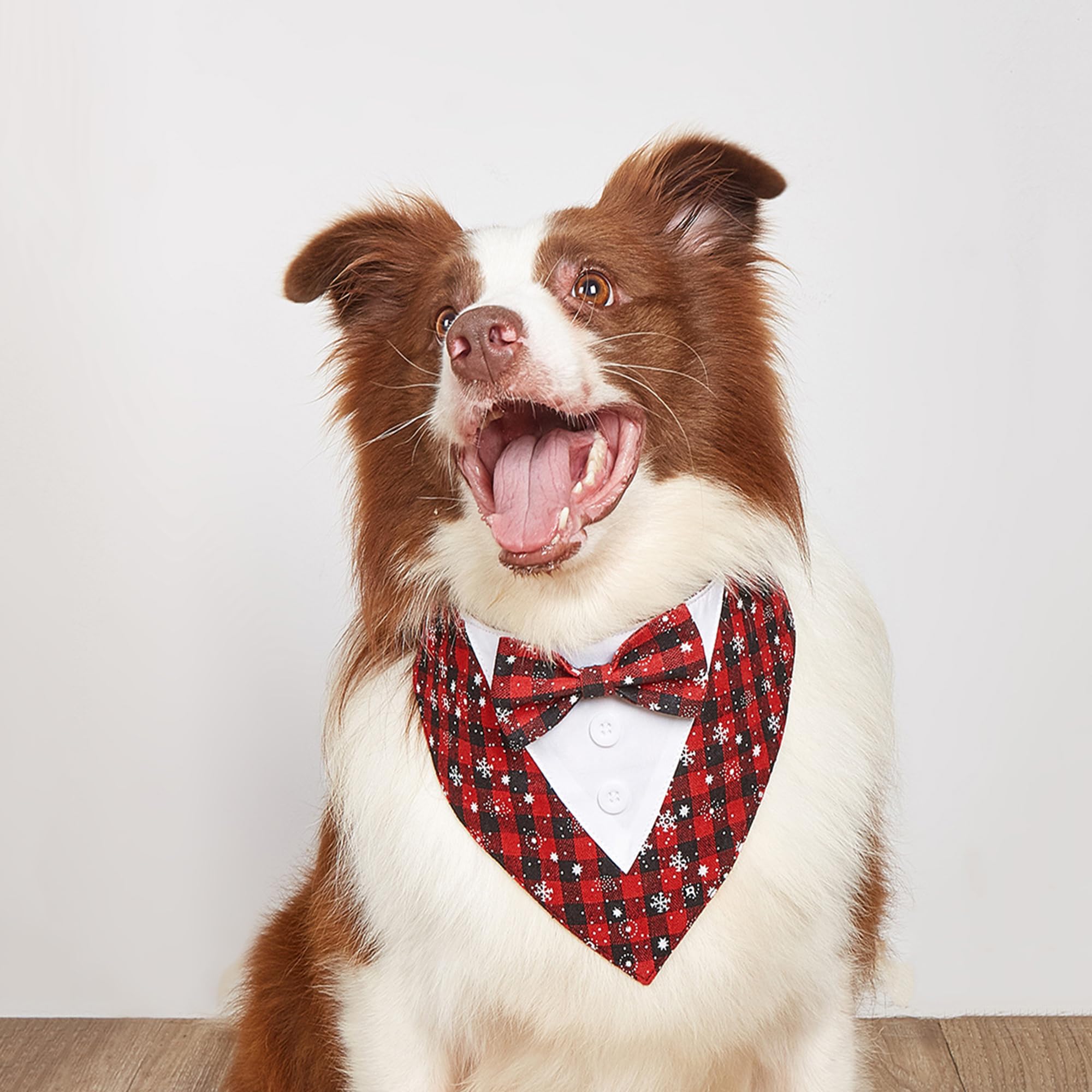 Adoggygo Christmas Dog Tuxedo Bandana, Red Plaid Pet Chritstmas Tux With Bowtie Adjustable Christmas Formal Costume For Medium D