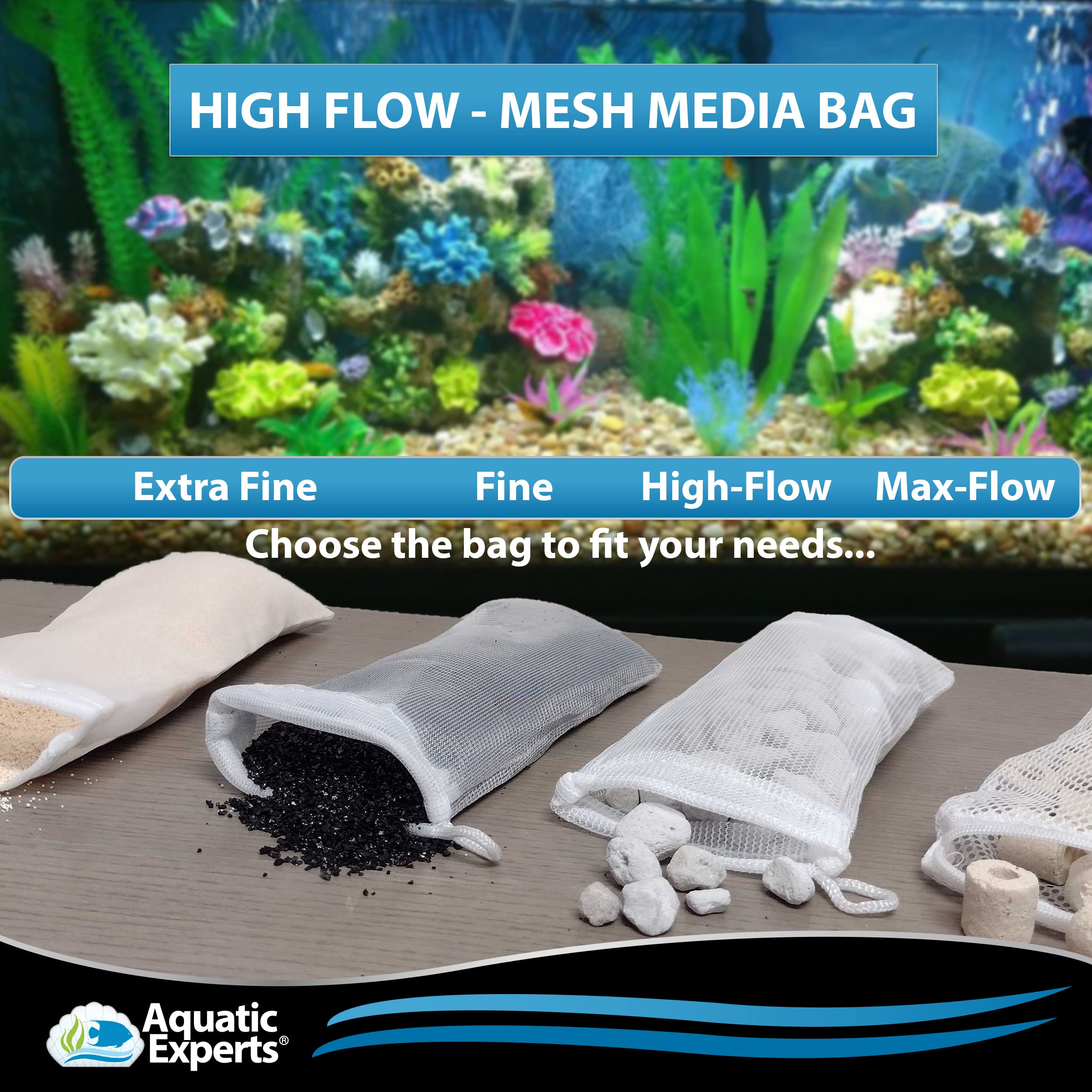 Aquatic Experts High Flow Filter Media Bag - Durable Filter Bags For Fish Tank, Secure Aquarium Media Bag With Drawstring, Media Bags For Aquarium And Pond, High Flow (White), 8” X 12” – 3 Pack