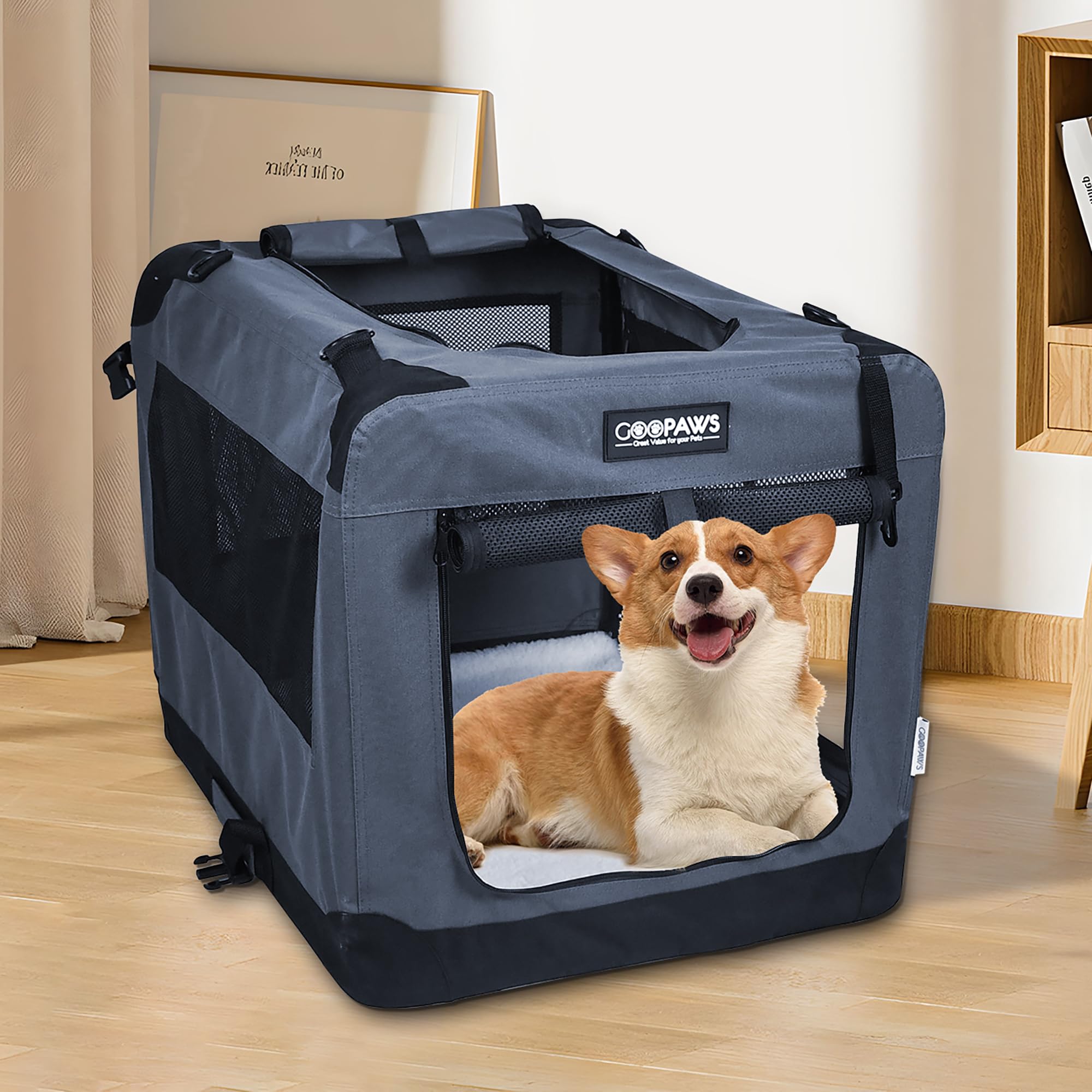 Jespet 27'' Soft Dog Crates Kennel For Pets, 3 Door Soft Sided Folding Travel Pet Carrier With Straps And Fleece Mat For Dogs, C