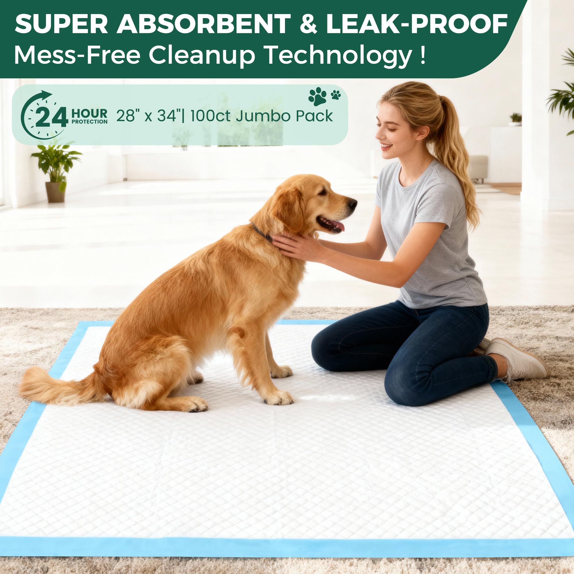 YOPETKI Extra Large Dog Pee Pads - 100 Count, 28"x34", Super Absorbent, Leak-Proof, Quick-Dry, Blue, Wood Pulp & Polyester