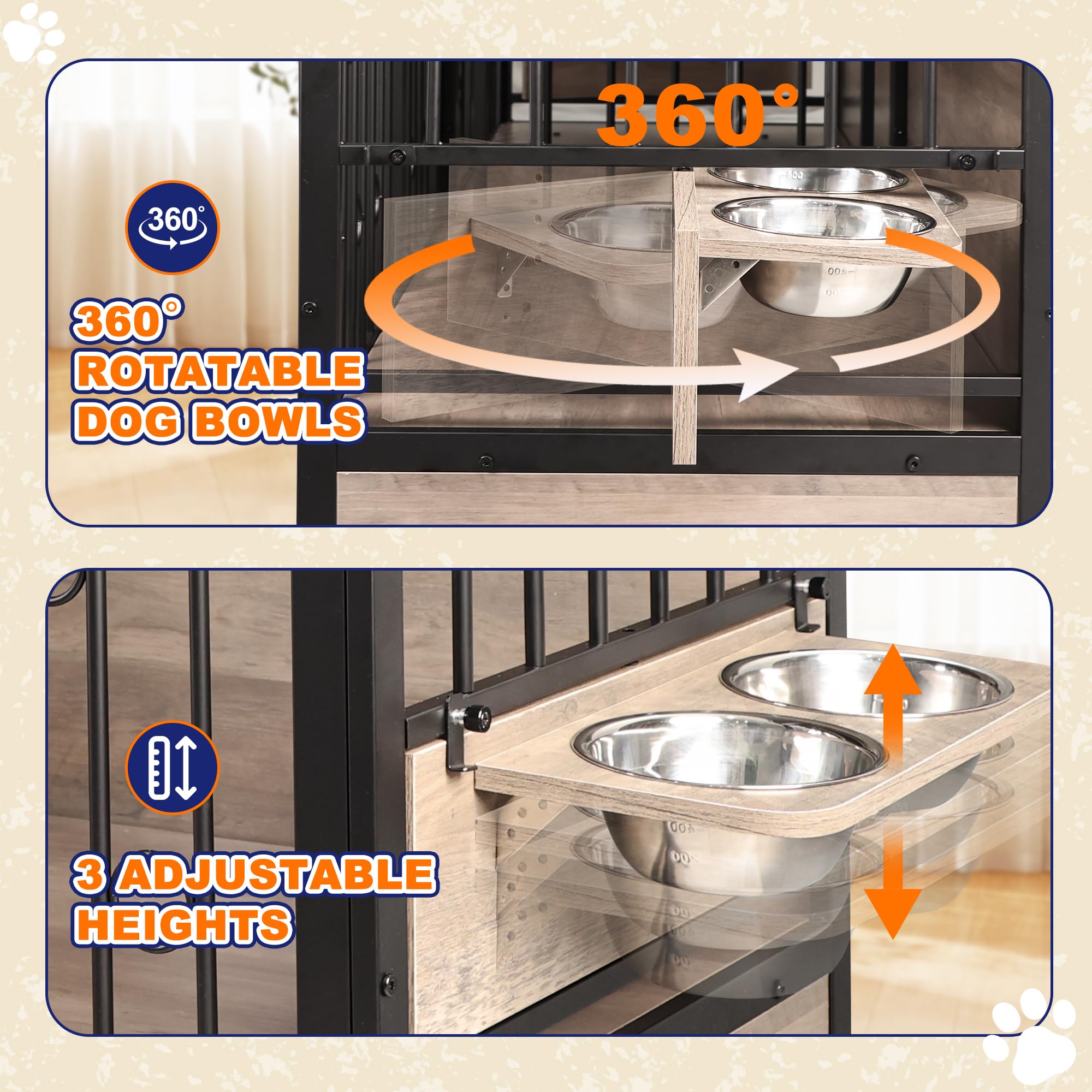 75   Dog Crate Furniture Large Storage TV Stand with Dual Cushion / 4 Bowls/Double Rooms, Wooden Dog Kennel Dog Crate End Tabl