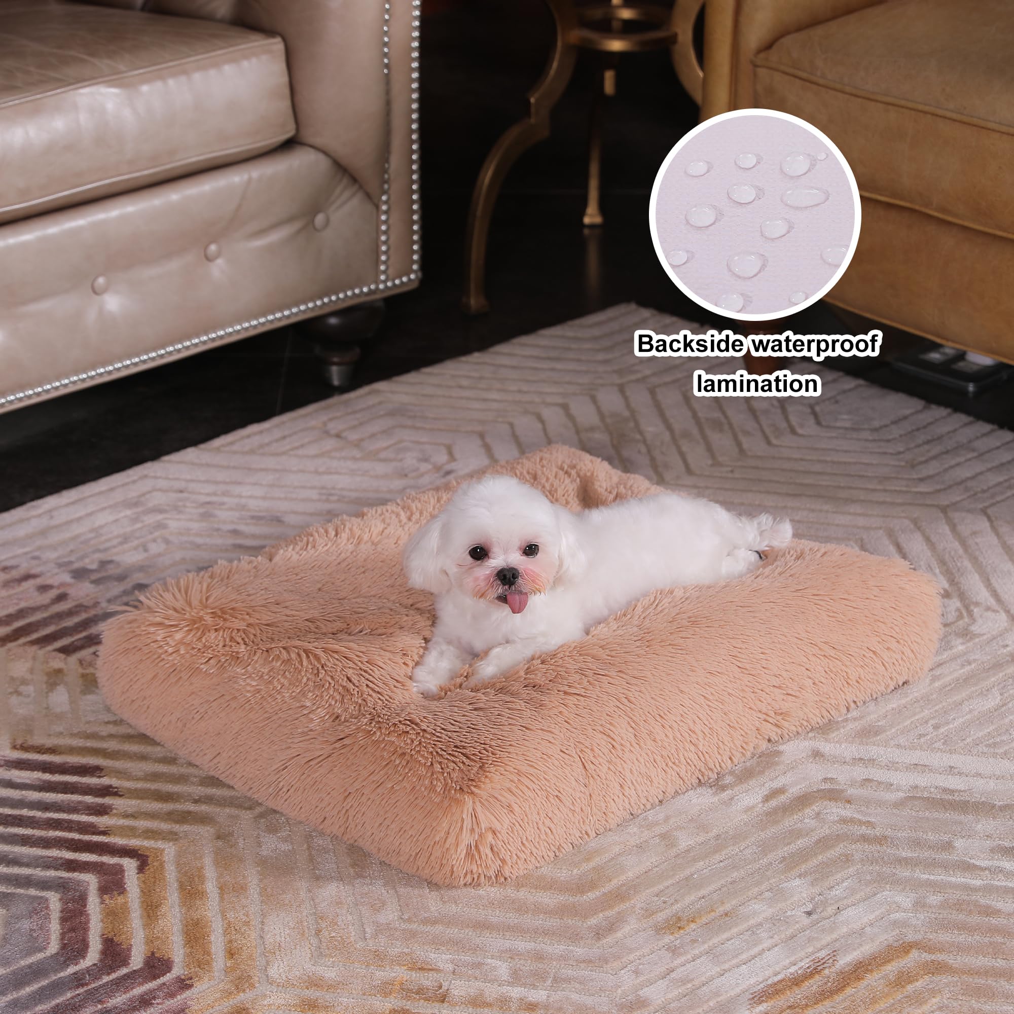 Bedfolks Plush Waterproof Dog Crate Bed, Removable Washable Cover, Faux Fur, Fluffy Kennel Bed 17''X12'', Camel