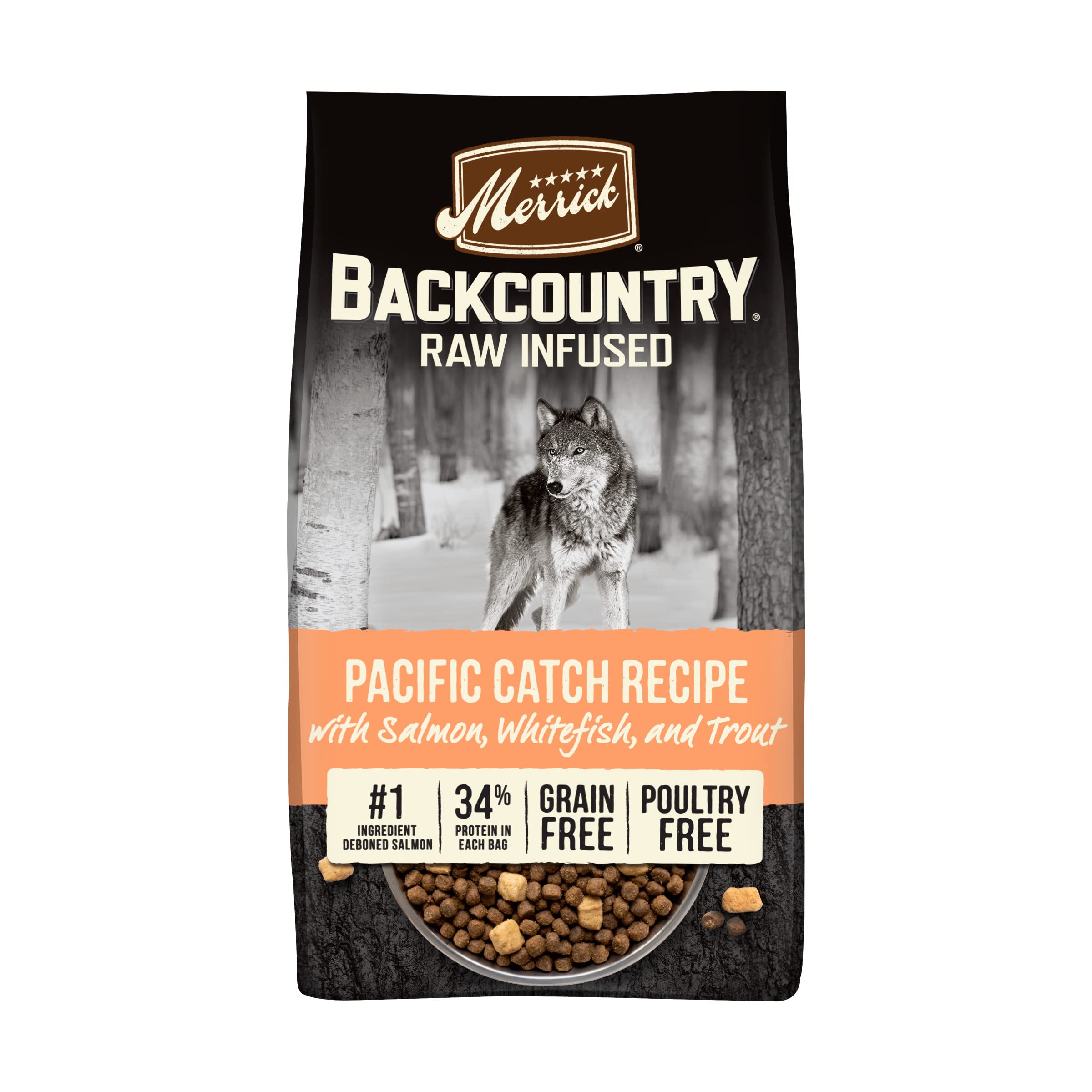Merrick Backcountry Grain Free Dry Adult Dog Food, Kibble With Freeze Dried Raw Pieces, Pacific Catch With Salmon - 4.0 lb. Bag