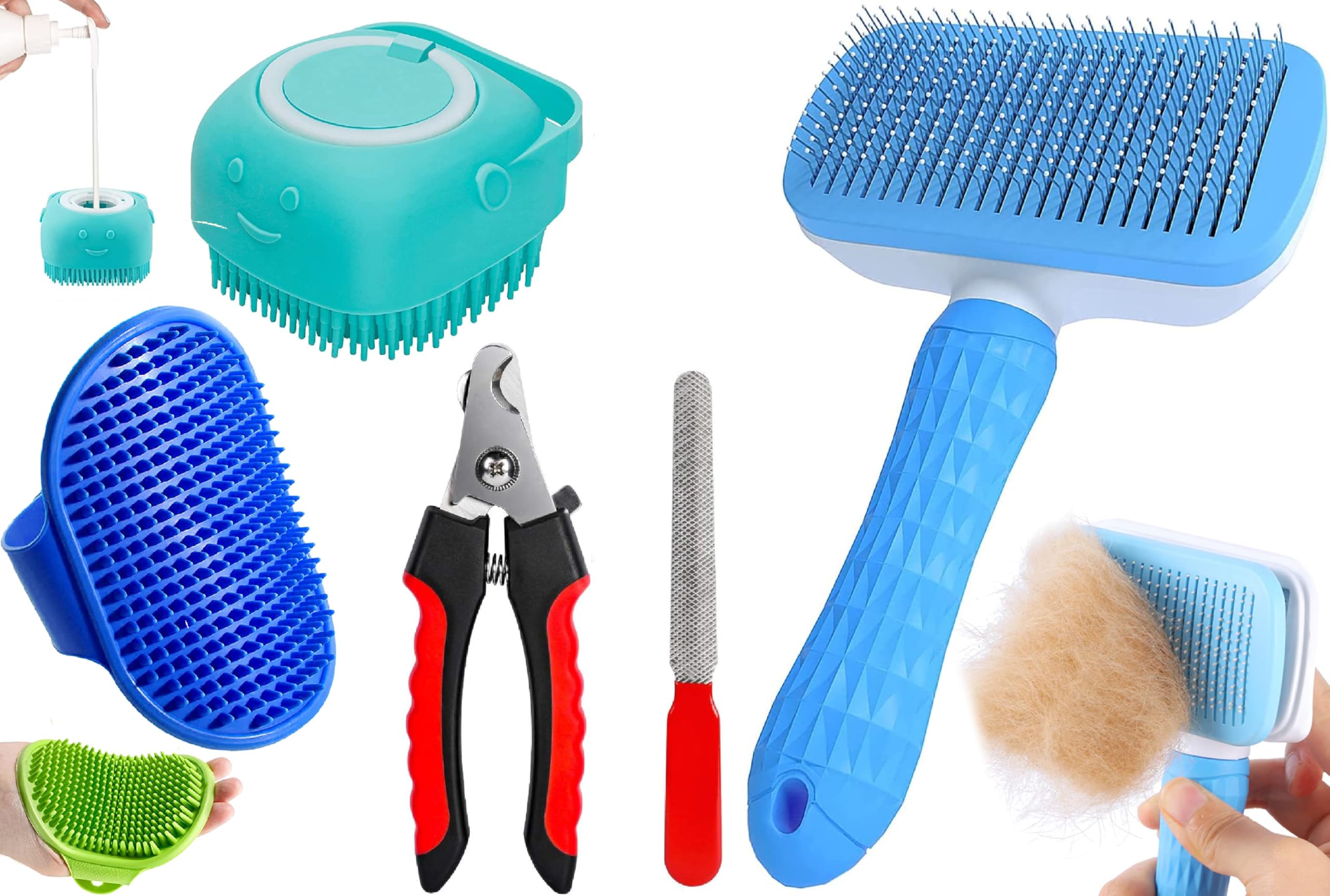 Deriz 4 In 1 Pet Grooming Kit Dog Brush Cat Comb Silicone Bath Scrubber Nail Clipper File Self Cleaning Hair Remover Shedding To