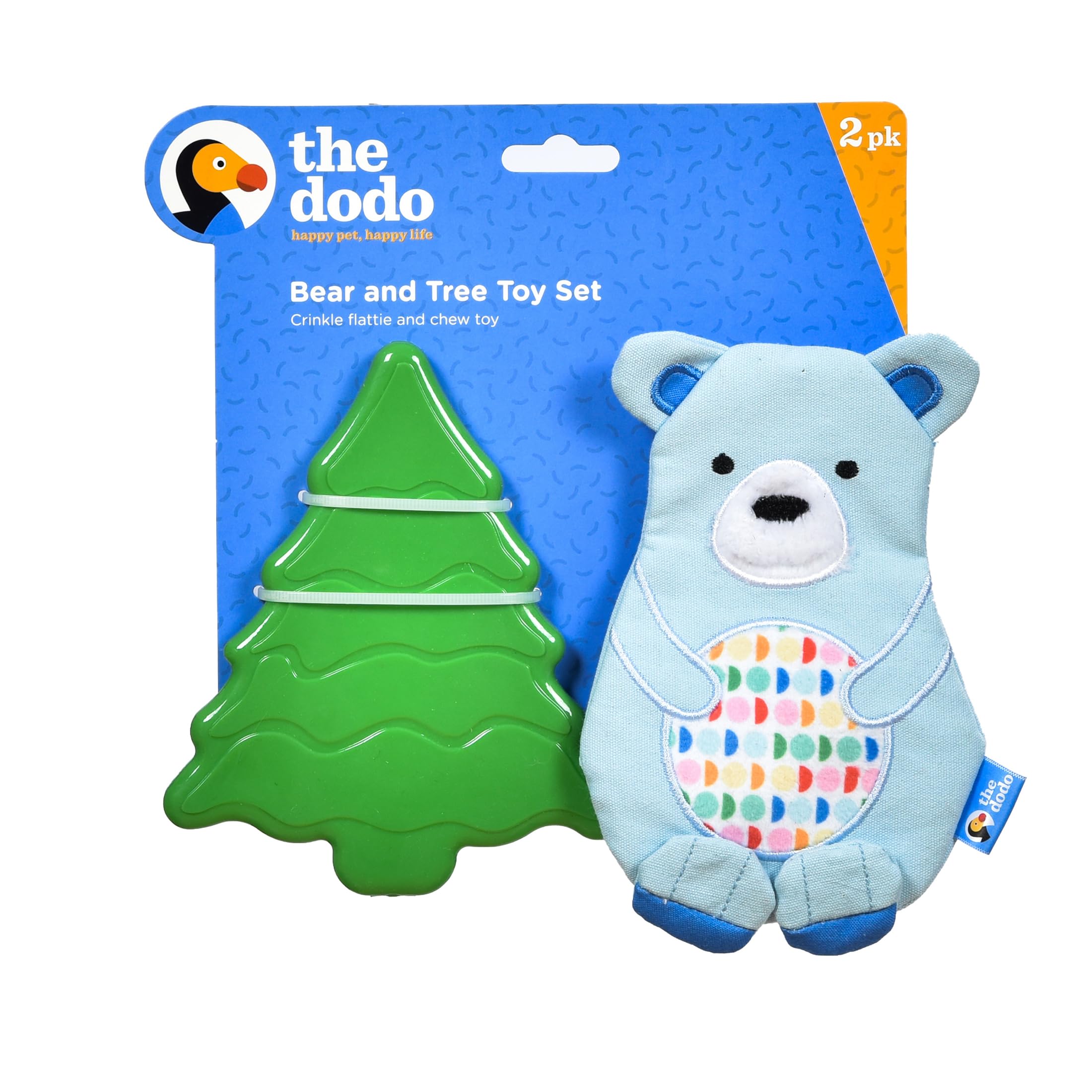 The Dodo Woodland Animals Stuffingless 2pc Dog Toy Set: Bear & Tree; No Plush Squeaky Bear Flattie Dog Toy + Rubber Tree Chew To