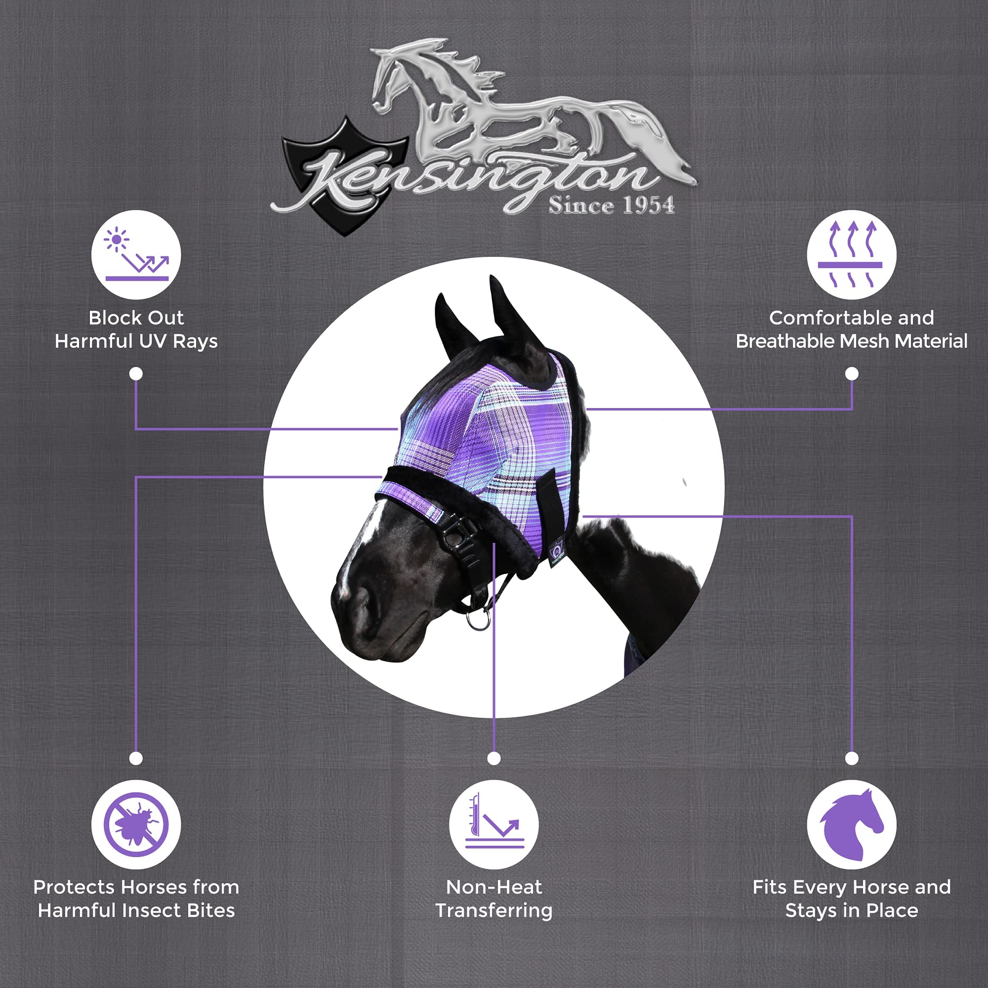 Kensington Fly Mask with Fleece Trim for Horses - Protects Face and Eyes from Flies and Sun Rays While Allowing Full Visibility