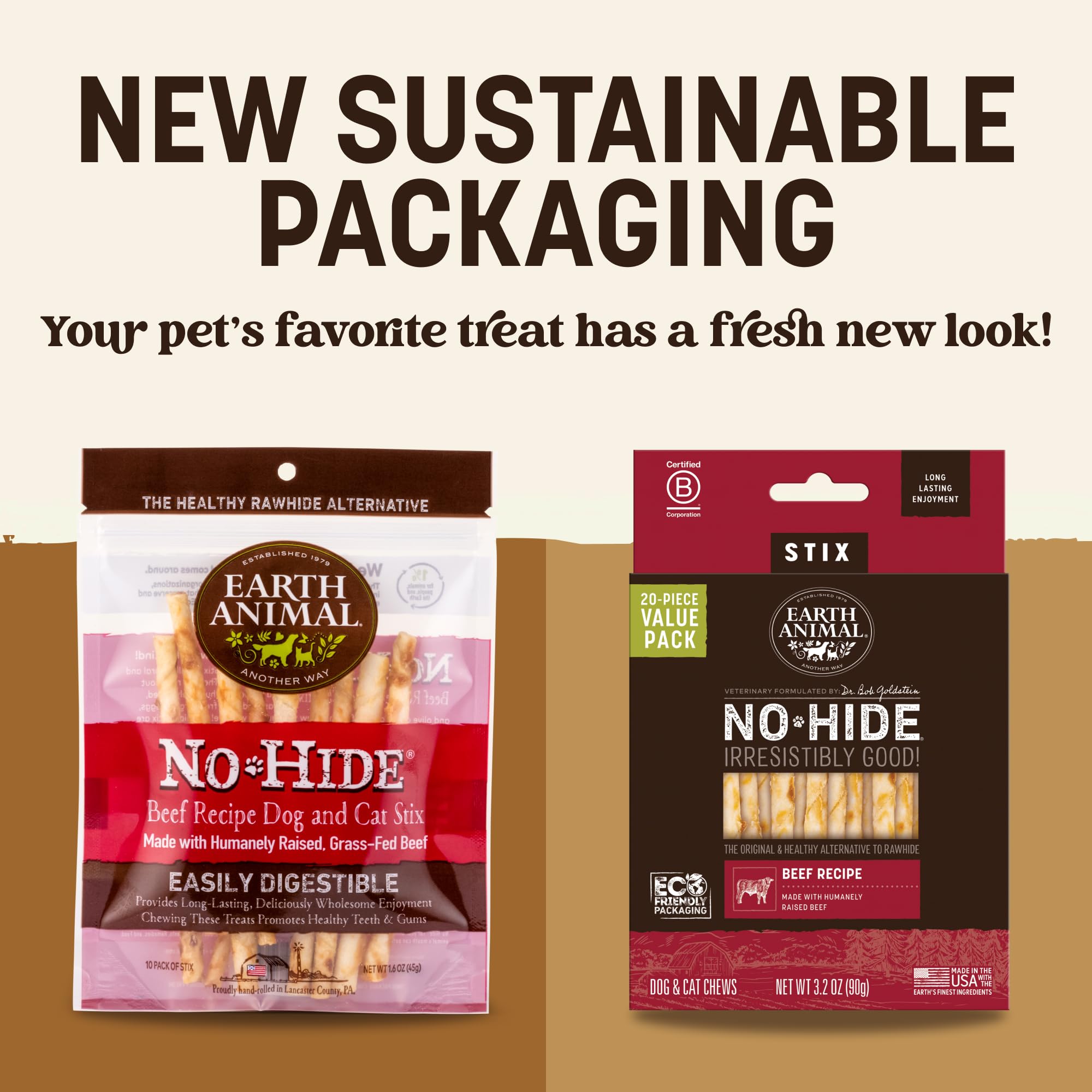 Earth Animal No Hide Stix - Long Lasting Rawhide Free Small Dog Chews Sticks, Beef - 20 Count Value Pack