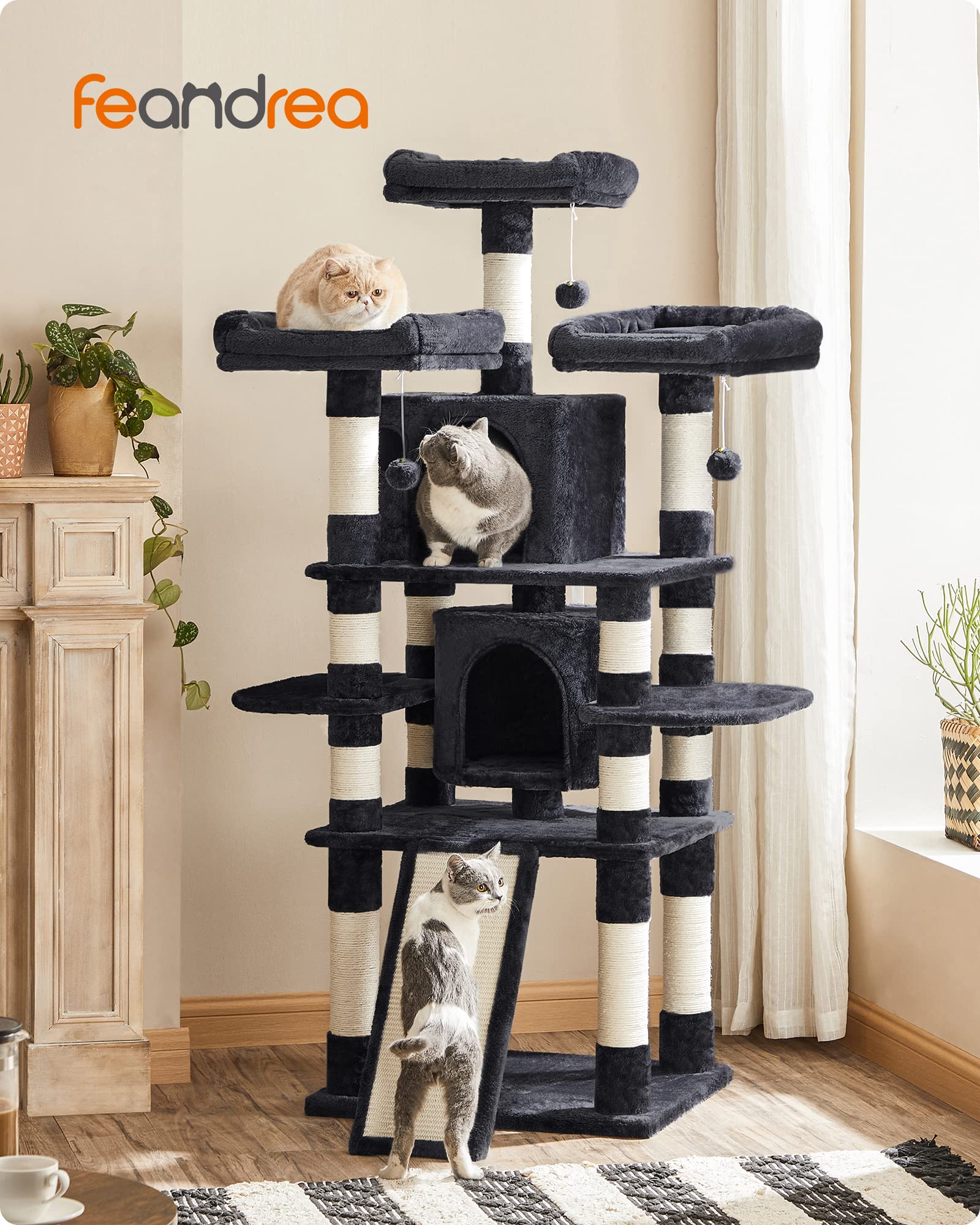 Feandrea 67-Inch Multi-Level Cat Tree For Large Cats, With Cozy Perches, Stable, Smoky Gray Upct18G