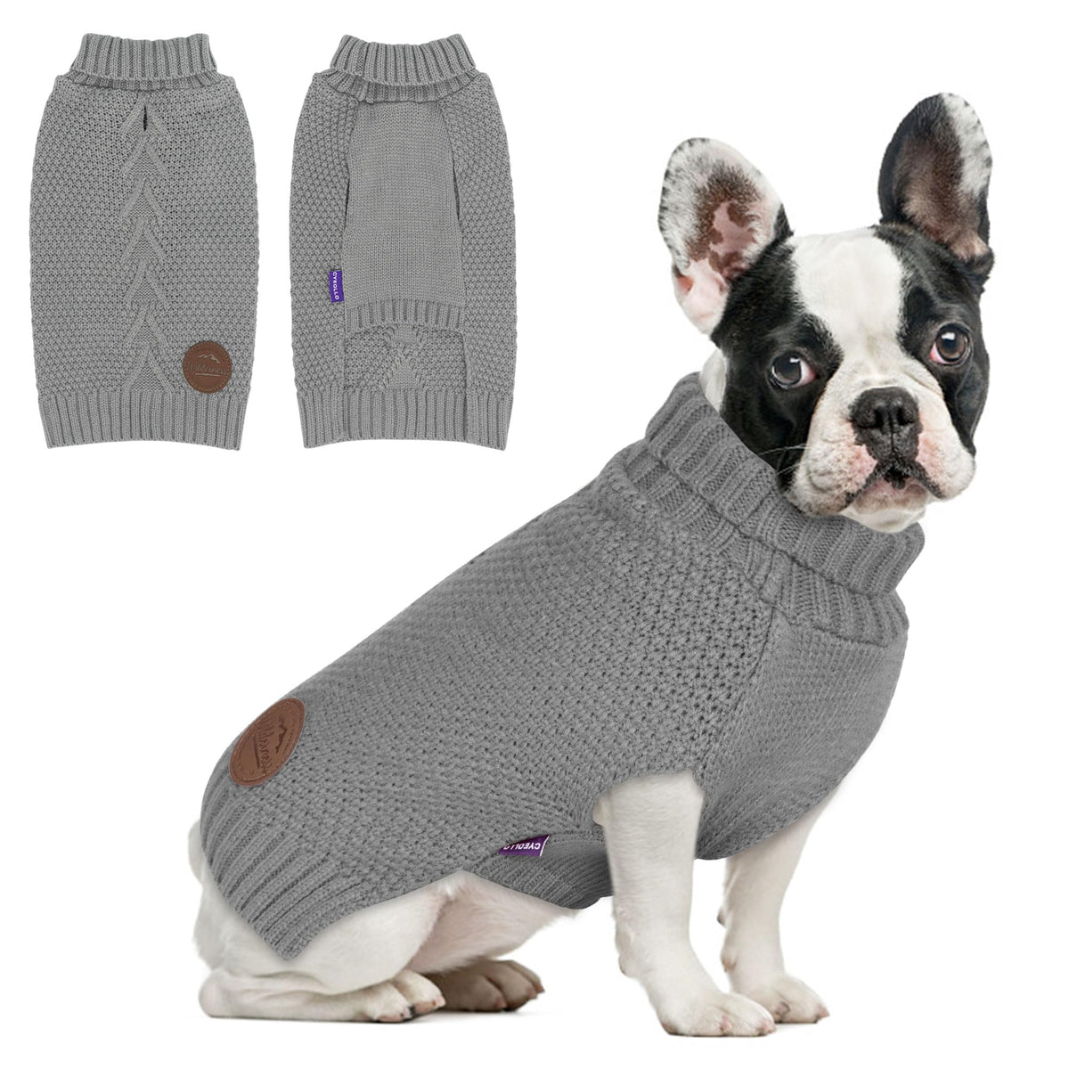 Cyeollo Small Dog Sweater With Leash Hole Turtleneck Knitted Warm Dog Clothes Puppy Sweaters For Small Dogs, Grey S