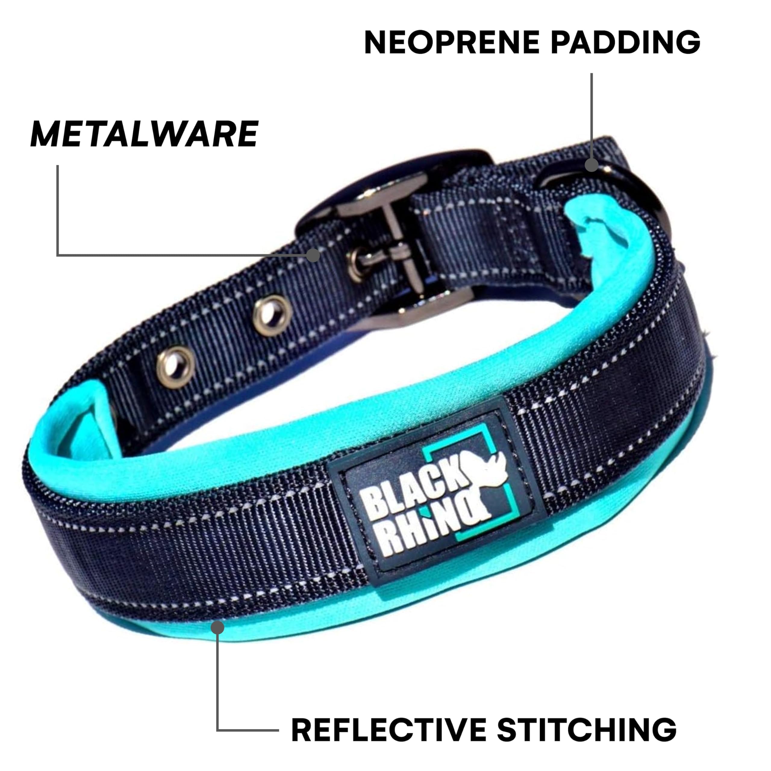 Black Rhino - The Comfort Collar Ultra Soft Neoprene Padded Dog Collar For All Breeds - Heavy Duty Adjustable Reflective Weatherproof (Medium, Aqua/Grey)