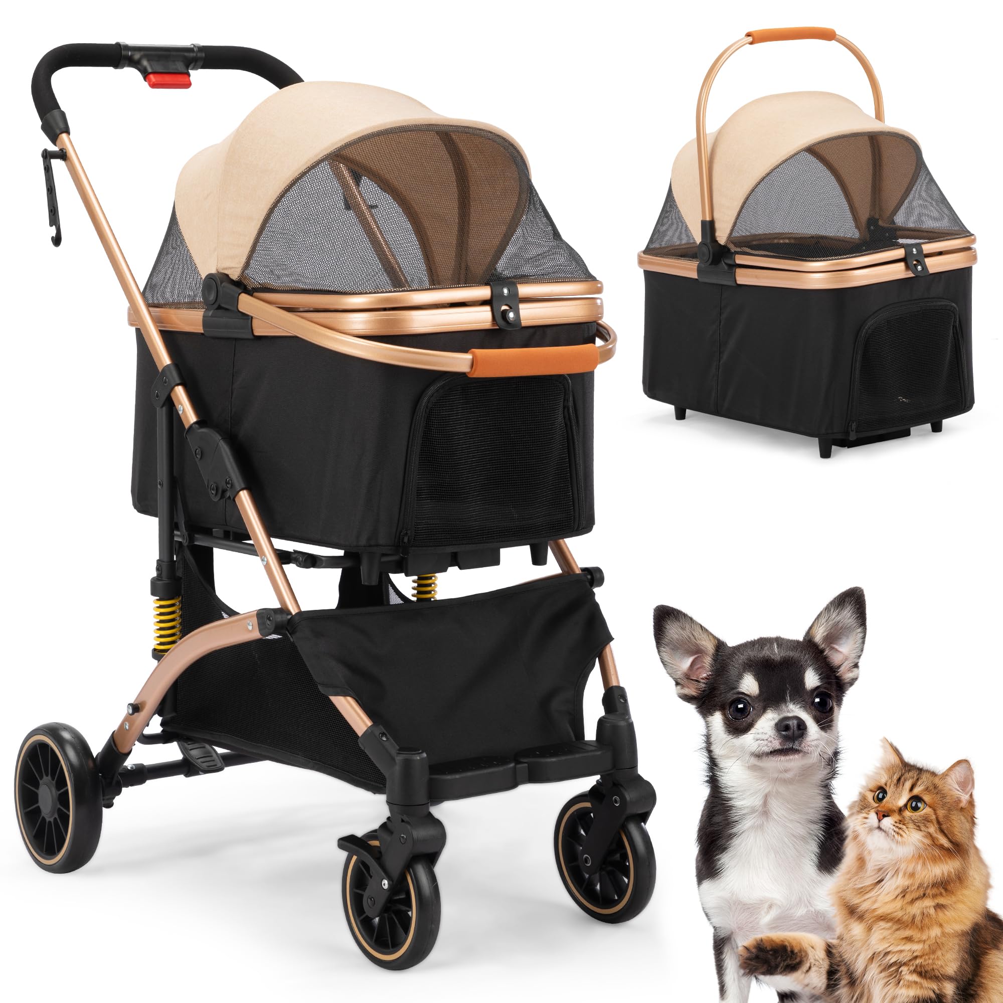 Coziwow 4-Wheel Premium 3-In-1 Foldable Pet Stroller For Small Medium Dogs With Detachable Carrier, Jogging Cat Travel, Black + 