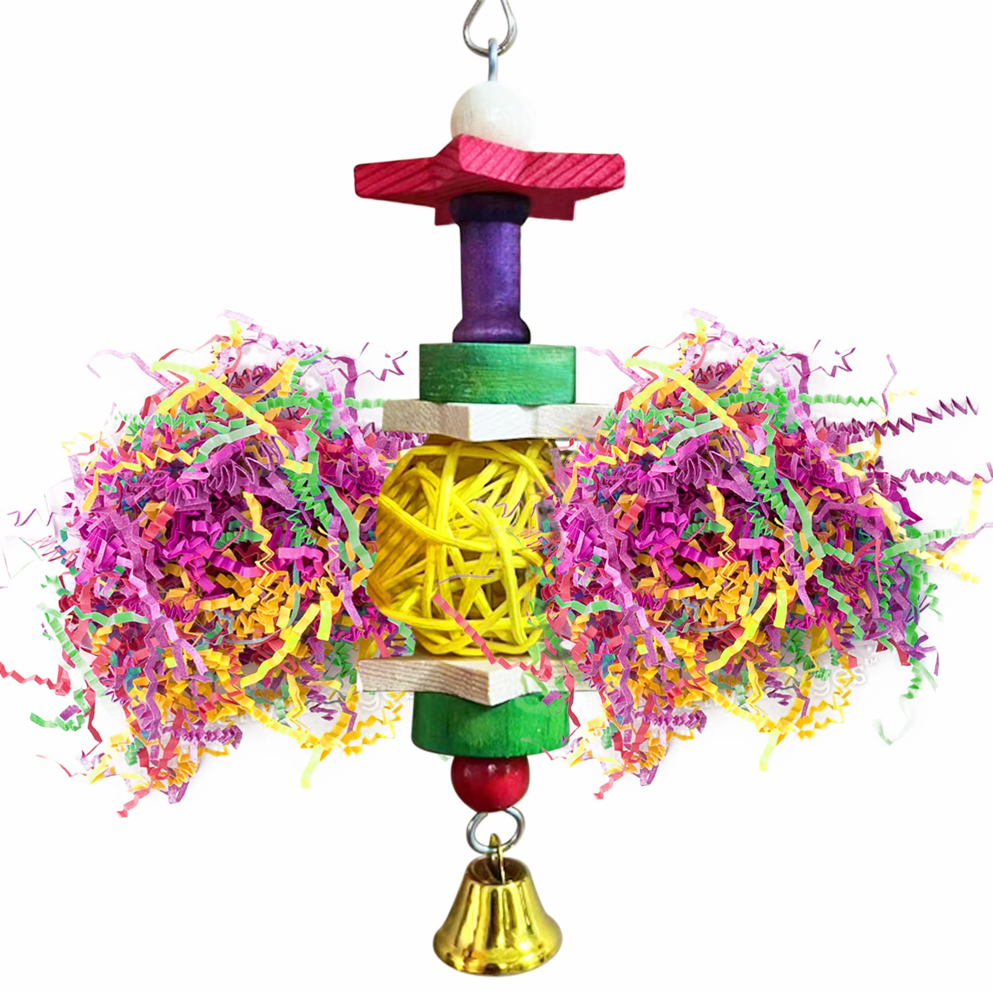 SunGrow Parakeet Toy, Brightly Colored Hanging Toy Made of Rattan, Wood and Shredded Paper, for Small and Medium Parrots, Cockat