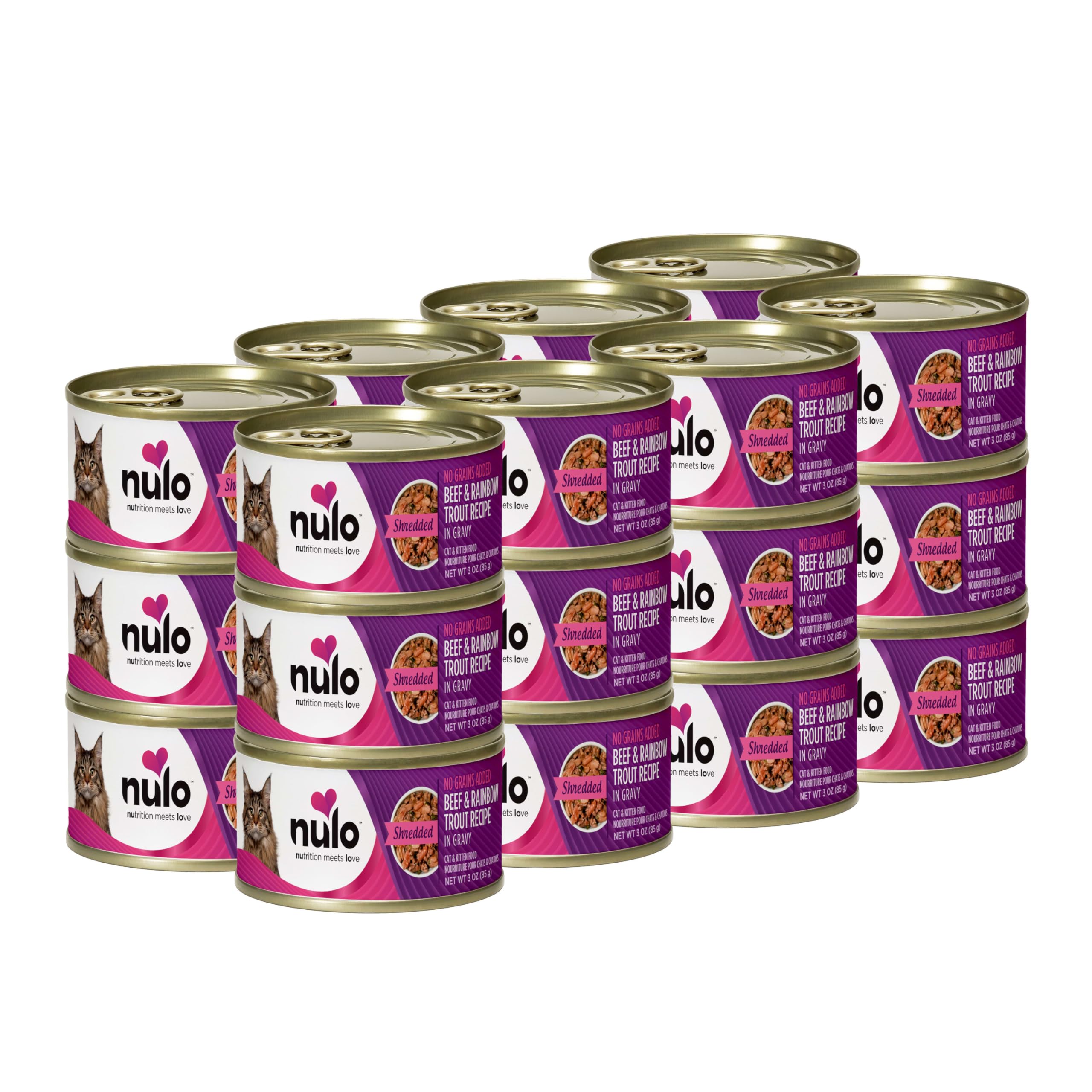Nulo Beef & Rainbow Trout Shredded Wet Canned Cat Food, 3 Ounce (Pack of 24)