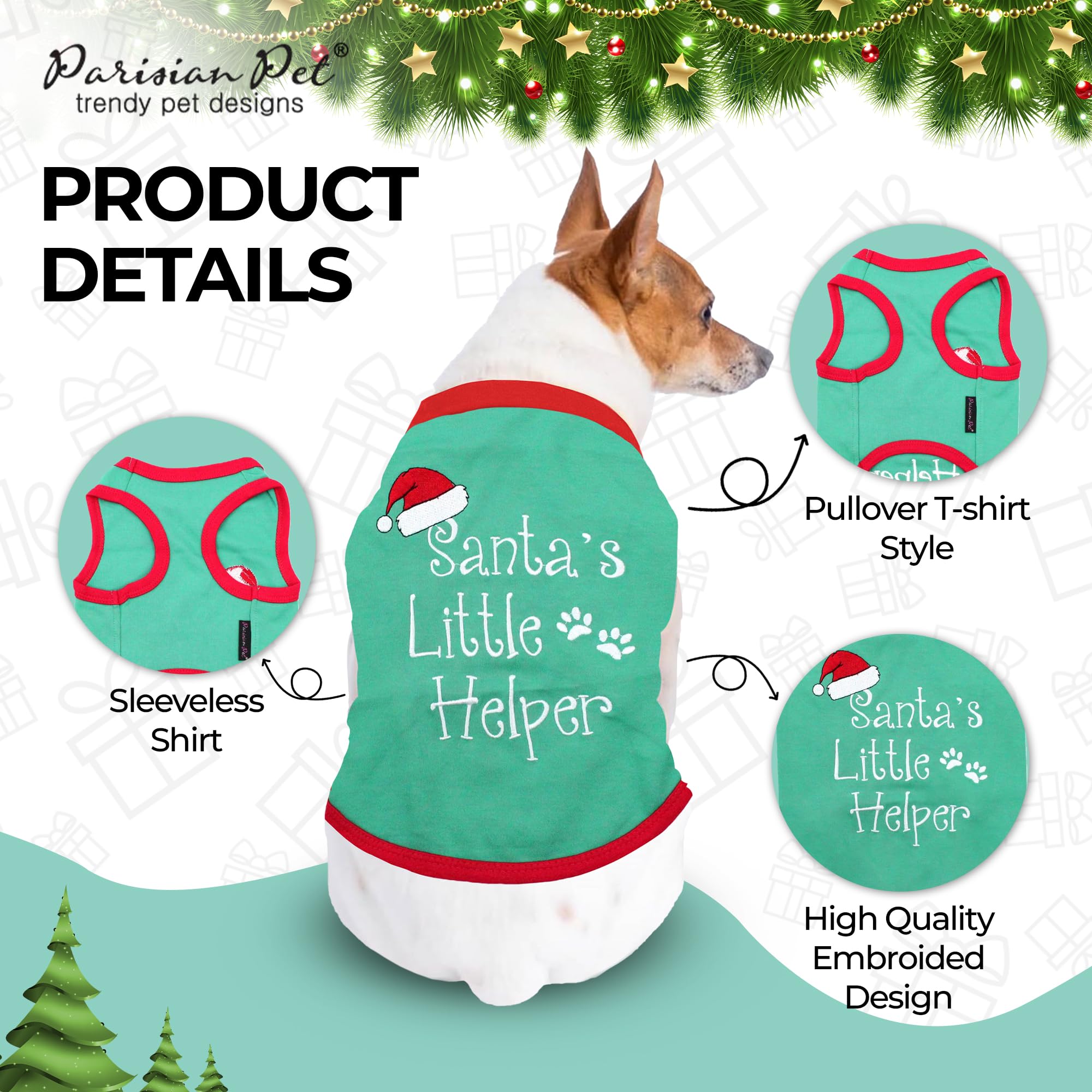 Parisian Pet Dog Tshirt - Embroidered “ Santa’S Little Helper “ Dog Shirt - Lightweight Cotton Dog Christmas Outfit - Sleeveless Christmas Dog Clothes - Dog Shirts For Small Dogs - Xxs