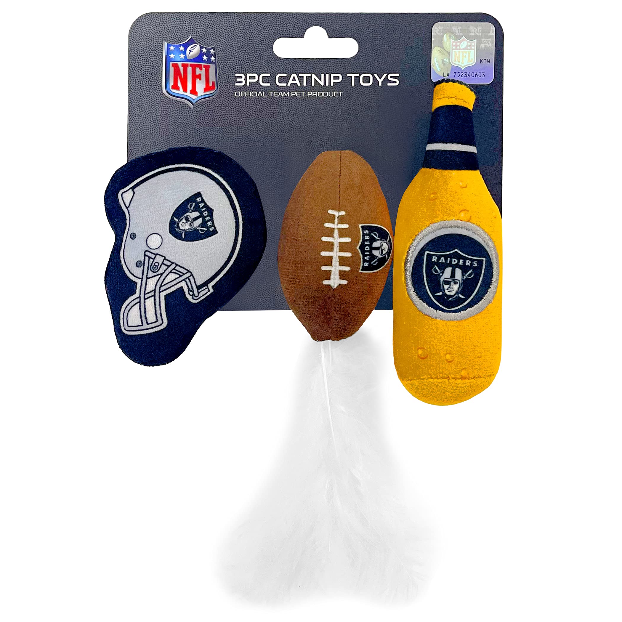 BEST PLUSH CAT TOY - NFL LAS VEGAS RAIDERS Complete Set of 3 piece Cat Toys filled with Fresh Catnip. Includes: 1 Helmet Cat Toy