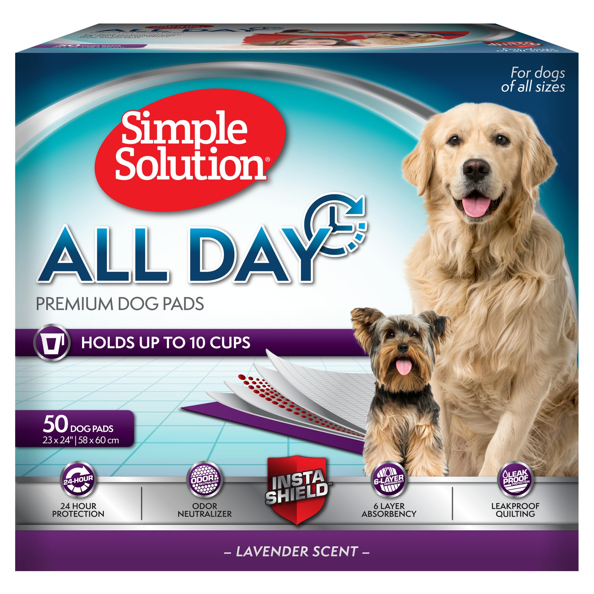Simple Solution All Day Pee Pads for Dogs, Puppy Potty Training, Leak Proof Dog Pads, Pet Pee Pad, Disposable Puppy Pad, Lavende