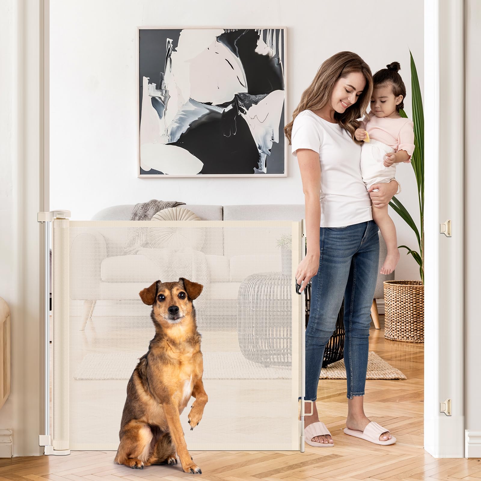 Retractable Baby & Dog Gate - Extends Up to 55 Wide Mesh Gate for Indoor & Outdoor Use, Beige