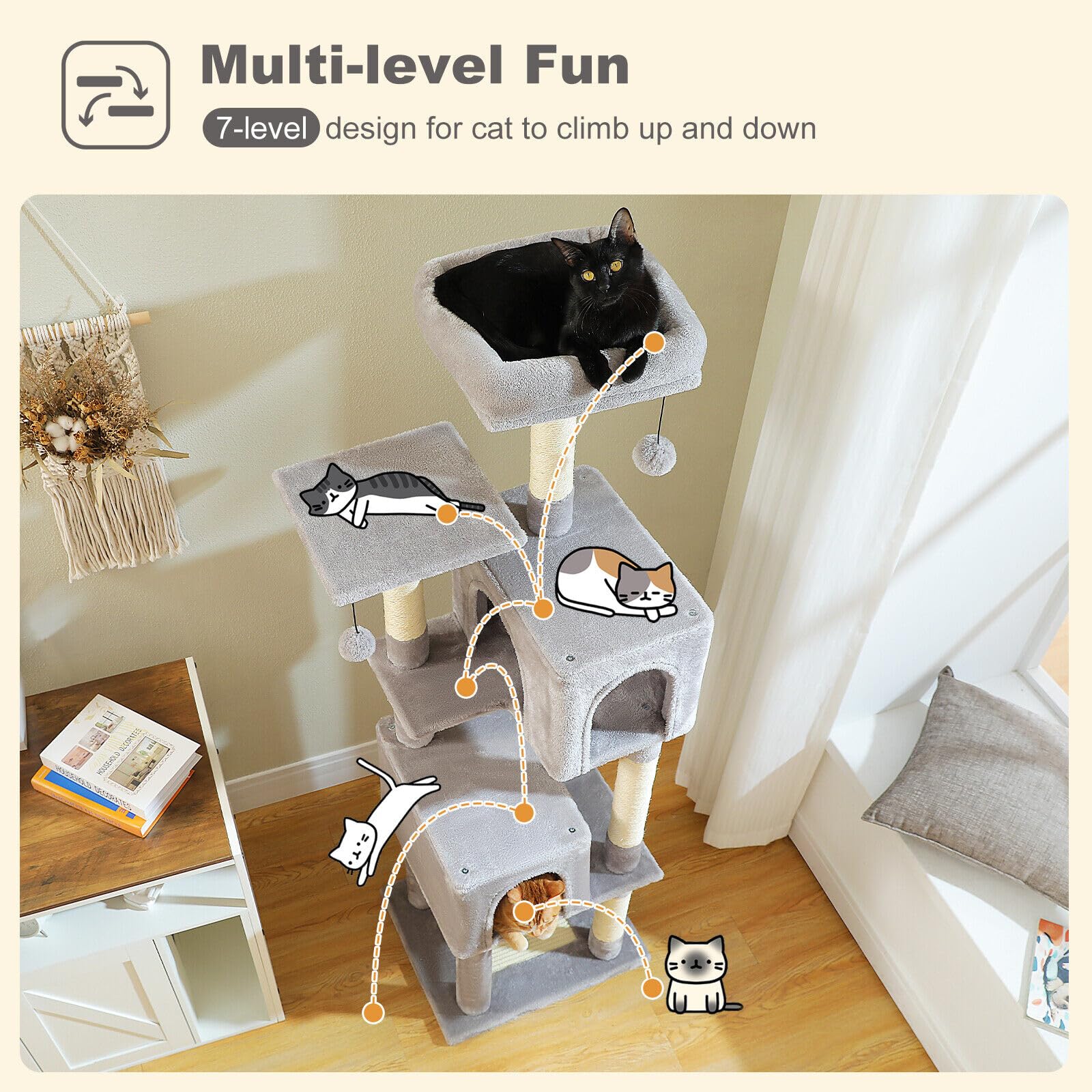 Uymi Cat Tree For Indoor Cats, 62' Multi-Level Cat Tower With 2 Spacious Condos, Scratching Pad, 4 Cat Scratching Posts, 2 Top