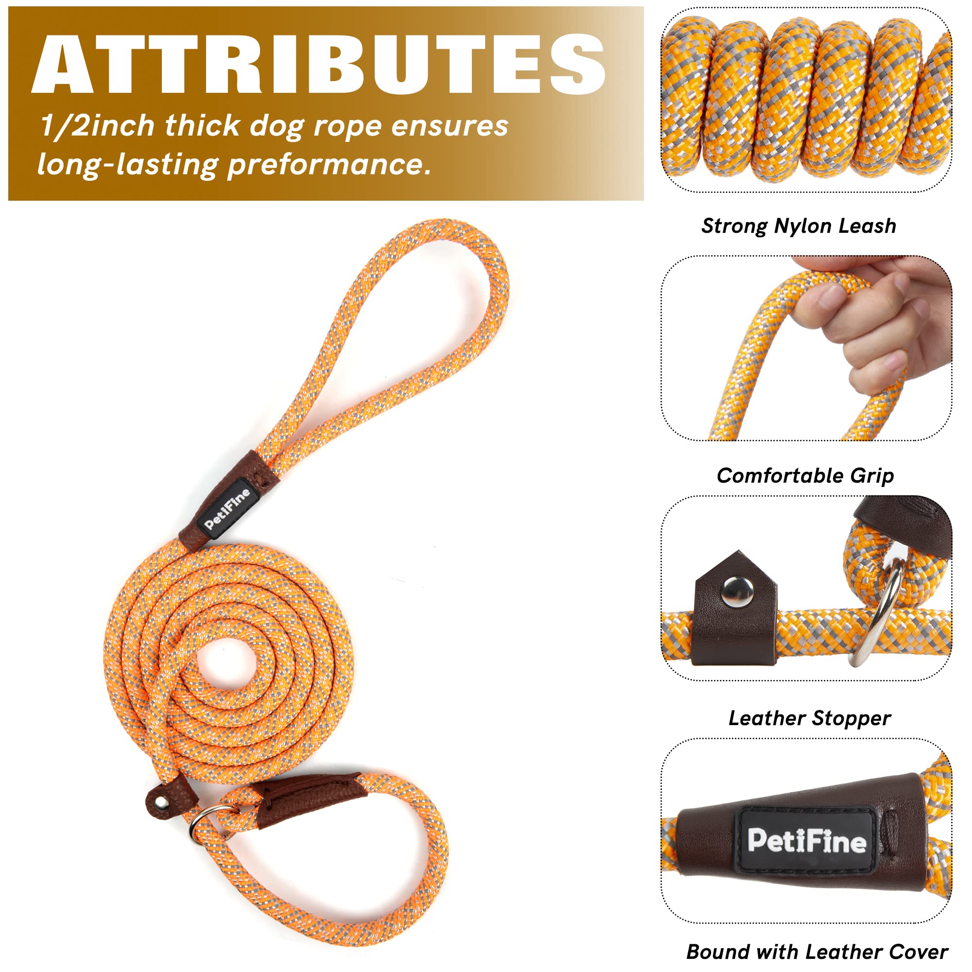 Petifine 6 Ft Slip Lead Dog Leash, Full Reflective Dog Training Leash, Heavy Duty Adjustable Pet Nylon Slip Rope Lead For Small Medium Large Dogs (3/8' X 6 Ft, Orange)