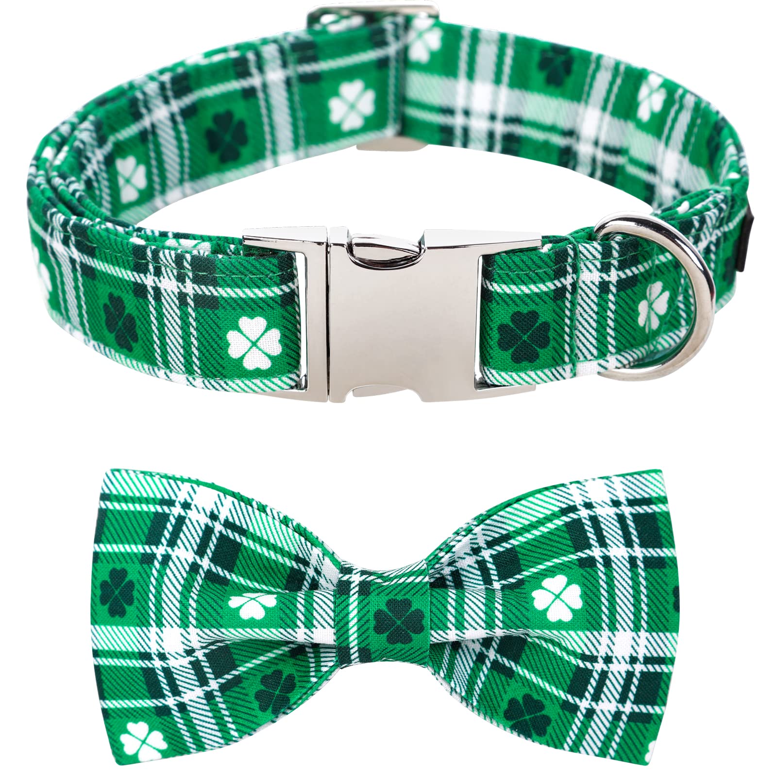 Lionet Paws St Patricks Day Dog Collar With Bowtie, Irish Green Shamrock Clover Bowtie Collar With Metal Buckle For Dog Girl Boy