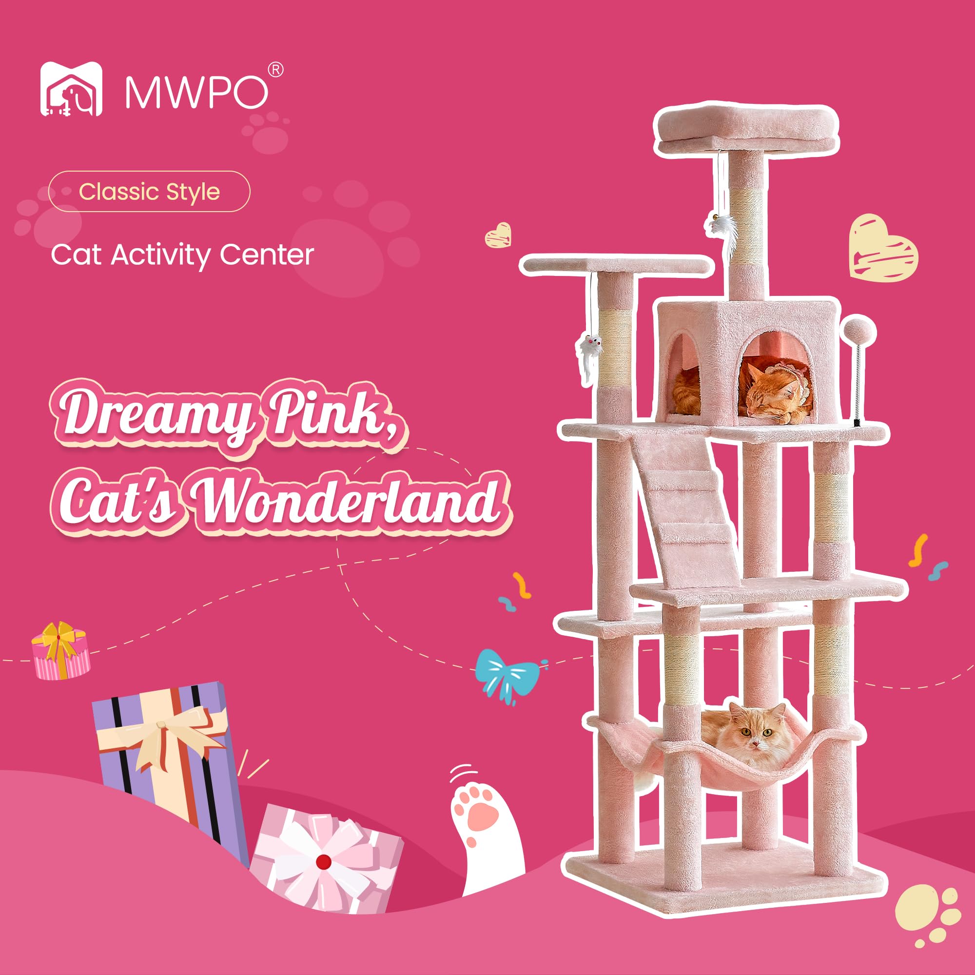 Mwpo 63.8-Inch Pink Cat Tree For Indoor Cats, Multi-Level Cat Tower With Sisal-Covered Scratching Posts, Padded Platform, Hammock, Dangling Toys, Stable Cat Condo Pet Play House