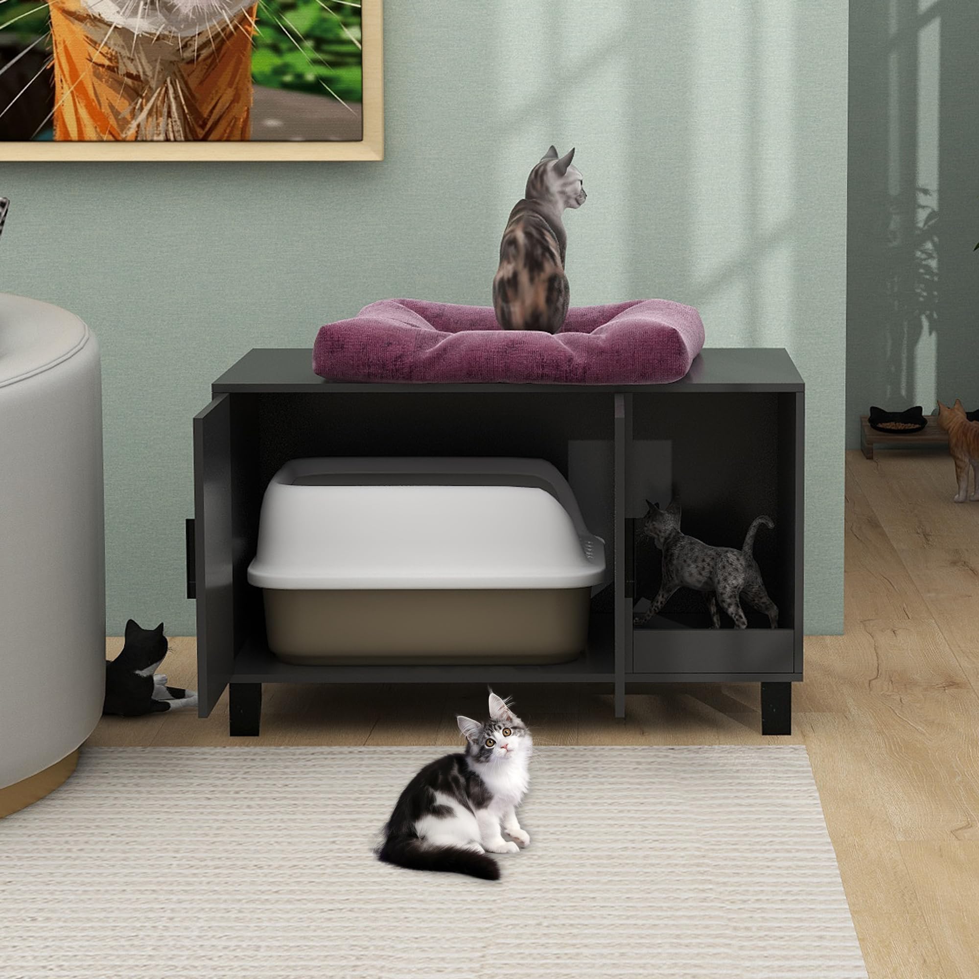 Taohfe Litter Box Enclosure Cat Litter Box Furniture Hidden With Cat Scratch Pad Decorative Farmhouse Wooden Hidden Litter Box C