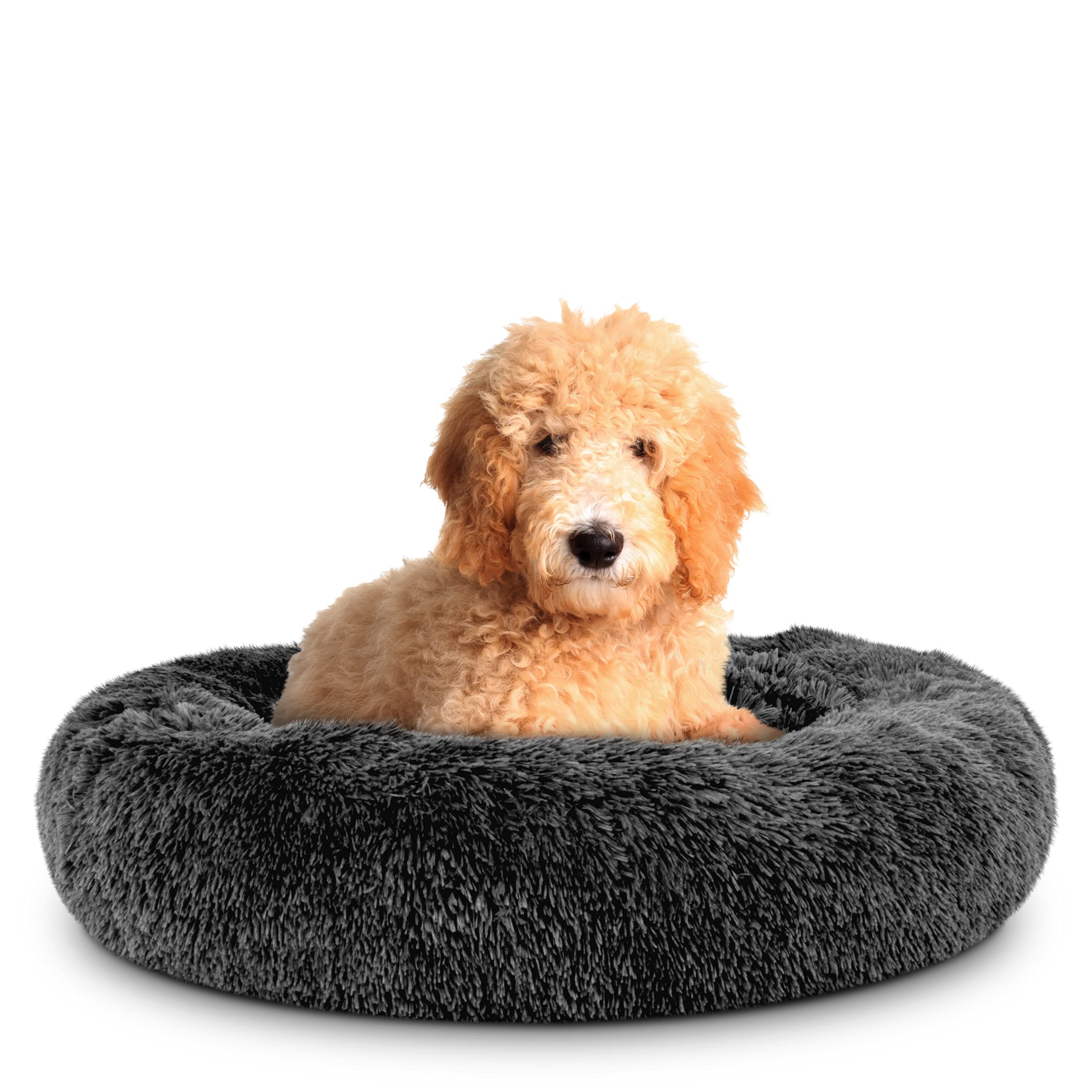 The Dogs Balls Sound Sleep Donut Dog Bed, Grey Plush Large Removable Cover Calming Nest Bed, Veterinary Approved