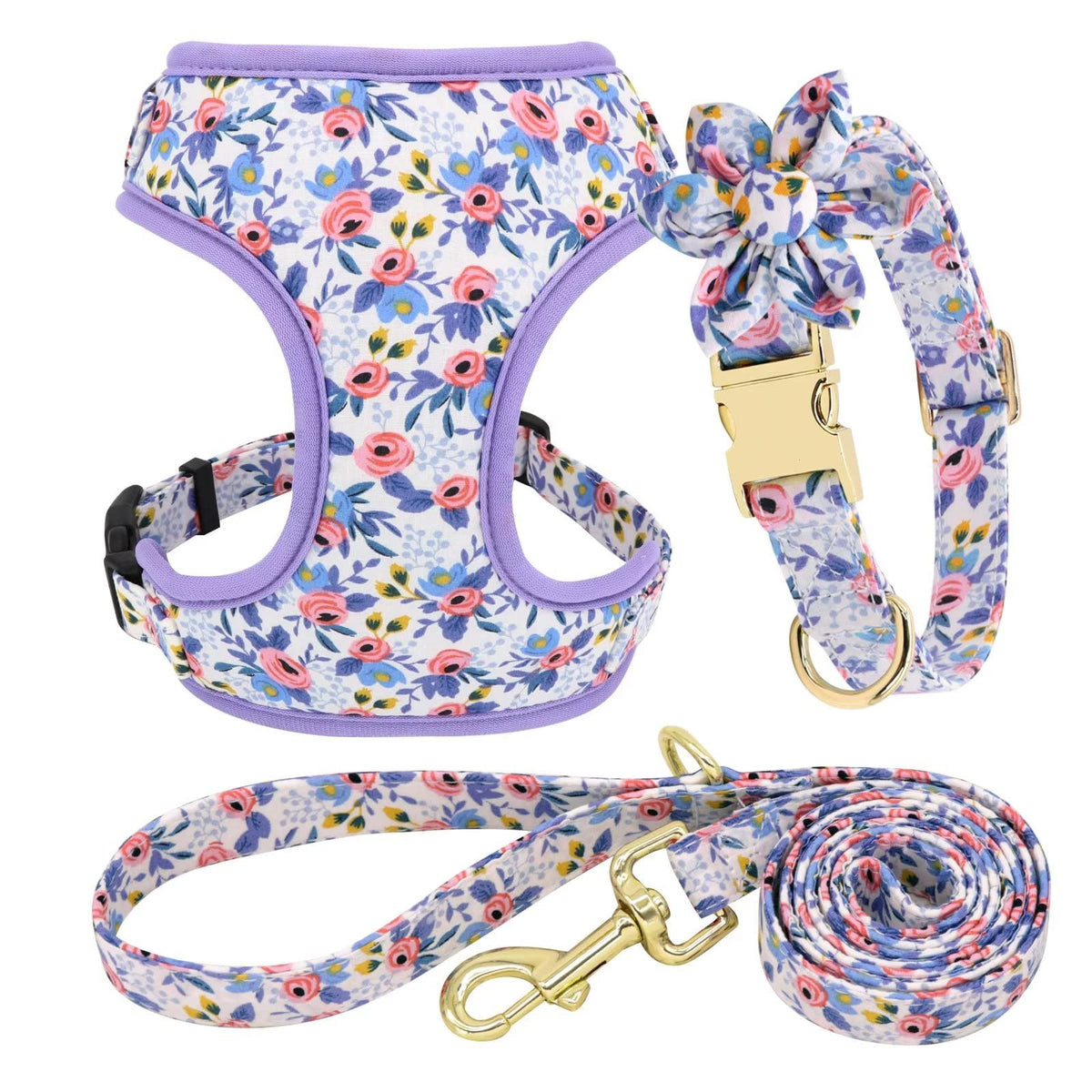 Beirui Cute Girl Dog Collars, Harnesses & Leashes Set - Adjustable Dog Collar And Leash Set With Flower - Soft Mesh Dog Vest Harness For Puppies Small Medium Dogs (Blue,M)