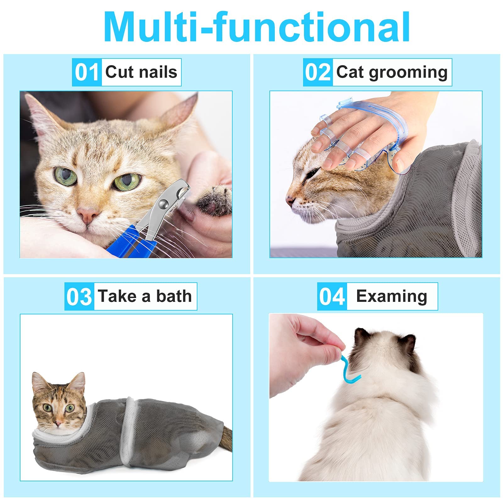 5 Pieces Cat Bathing Bag Set Cat Grooming Bag Adjustable Pet Shower Net Bag Cat Muzzles Anti-Bite Anti-Scratch Nail Clipper Tick Remover Tool Massage Brush For Bathing Cleaning Trimming (Grey-White)