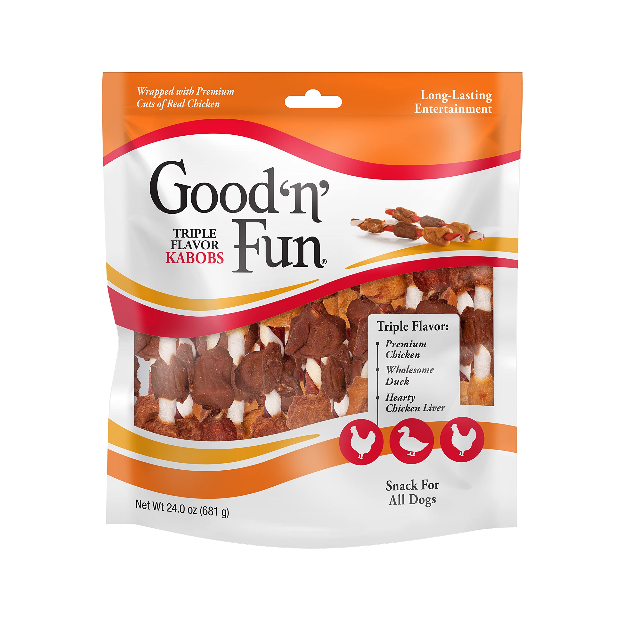 Good n Fun Triple Flavor Kabobs Chews for All Dogs, Treat Your Dog to Chews Made from Beef Hide, Real Chicken, Pork Hide, Duck a