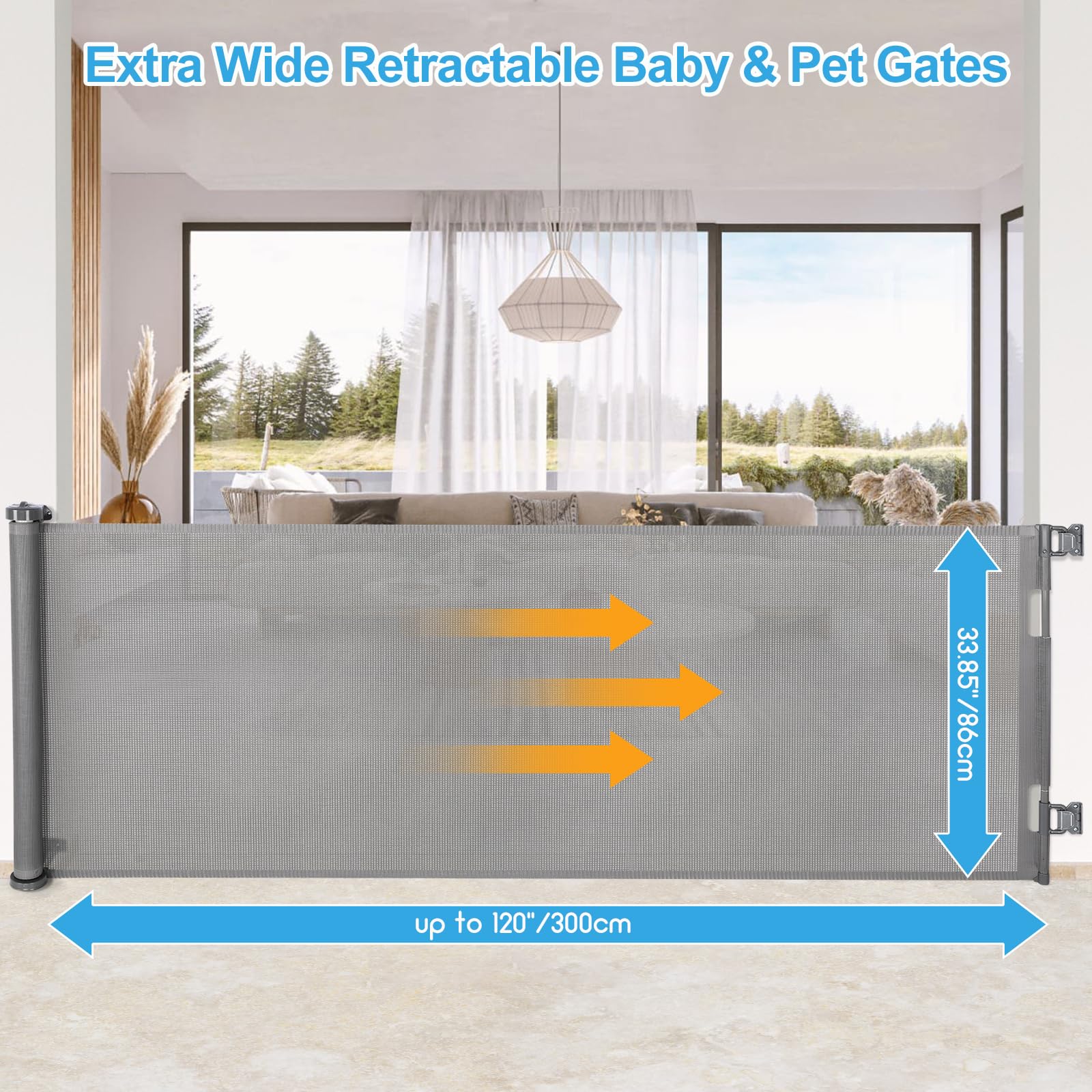 120 inch Retractable Baby Gates, EZIGO Extra Wide Baby Gate for Large Openings Extra Long Baby Gates for Kids or Pets Large Dog