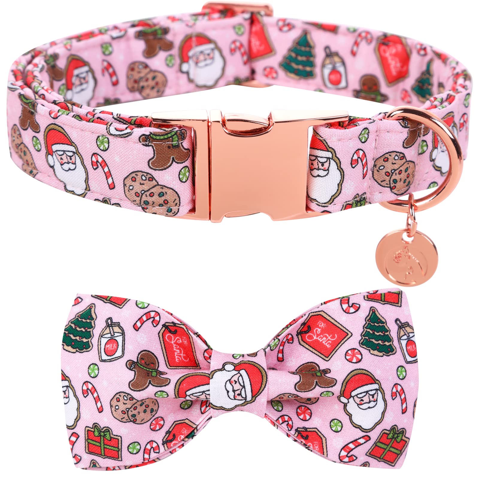 Dogwong Christmas Dog Collar With Sailor Bow, Pink Santa Claus Dog Collar Soft Durable Adjustable Cotton Cute Girl Puppy Collar 