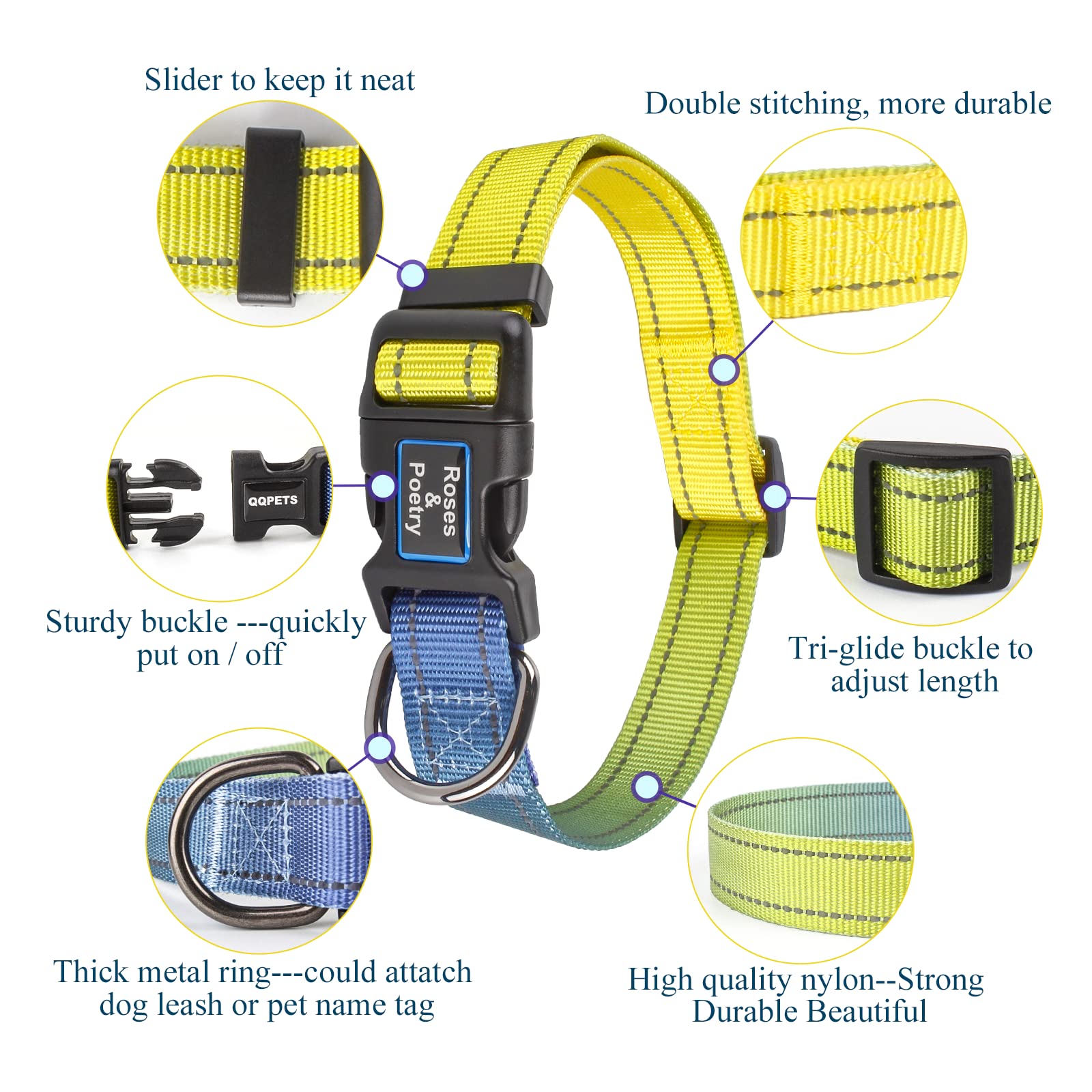 Roses&Poetry Xs Dog Collar With Gradient Amber, Yellow Reflective Dog Collar Adjustable Xsmall Puppy Collars Tiny For Small Medi
