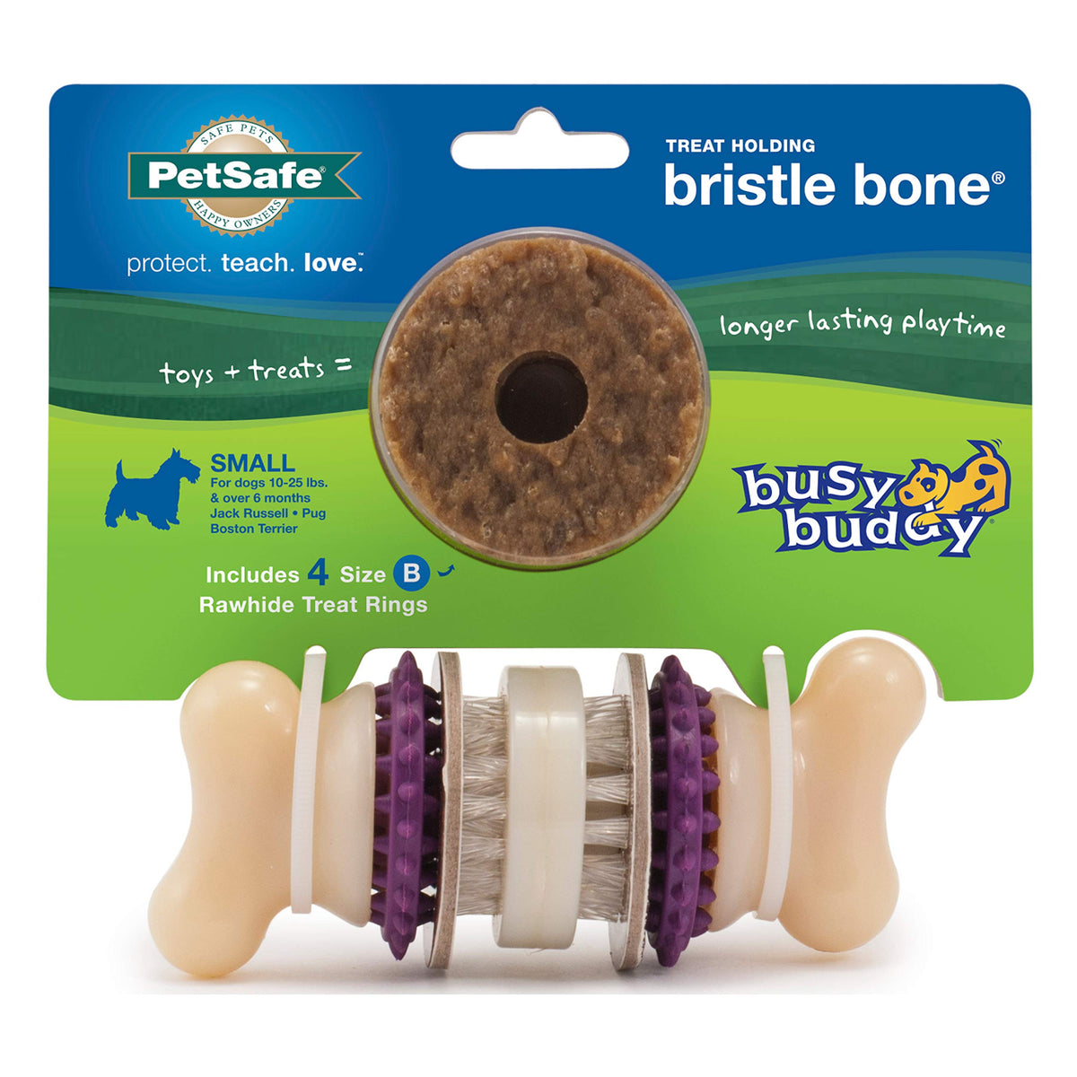 Petsafe Busy Buddy Bristle Bone - Treat-Holding Toy For Dogs - Treat Rings Included - Treats Thoroughly Mixed During Bake To Prevent Choking - Rigorously Tested Ingredients - Purple, Small