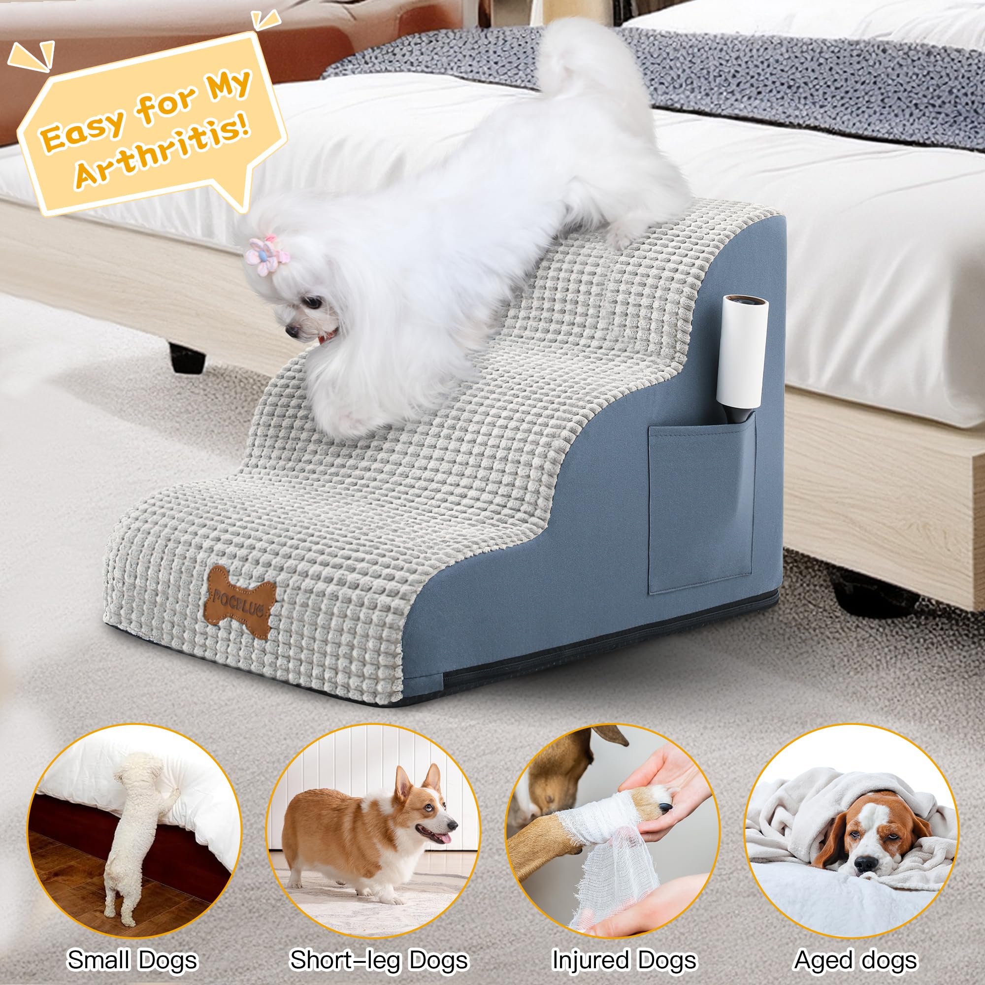 Pocblue Dog Stairs For Small Dogs 15.7'' H, 3-Step Wide Pet Step For High Bed Or Couch, Curved Pet Ramps For Cats With High-Dens