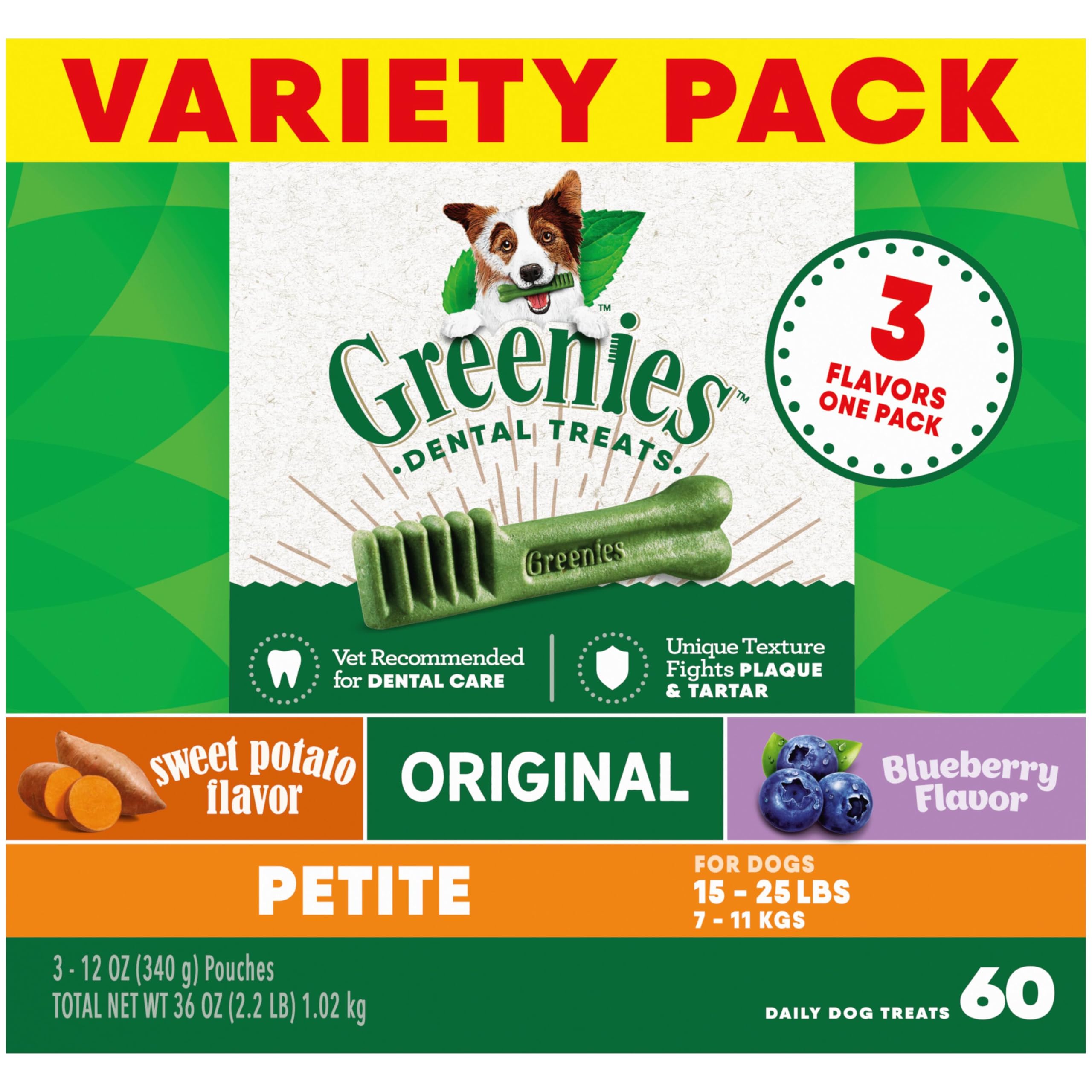Greenies Petite Dental Dog Treats, 3-Flavor Variety Pack, (3) 12 oz. Pouches, 60 Total Treats
