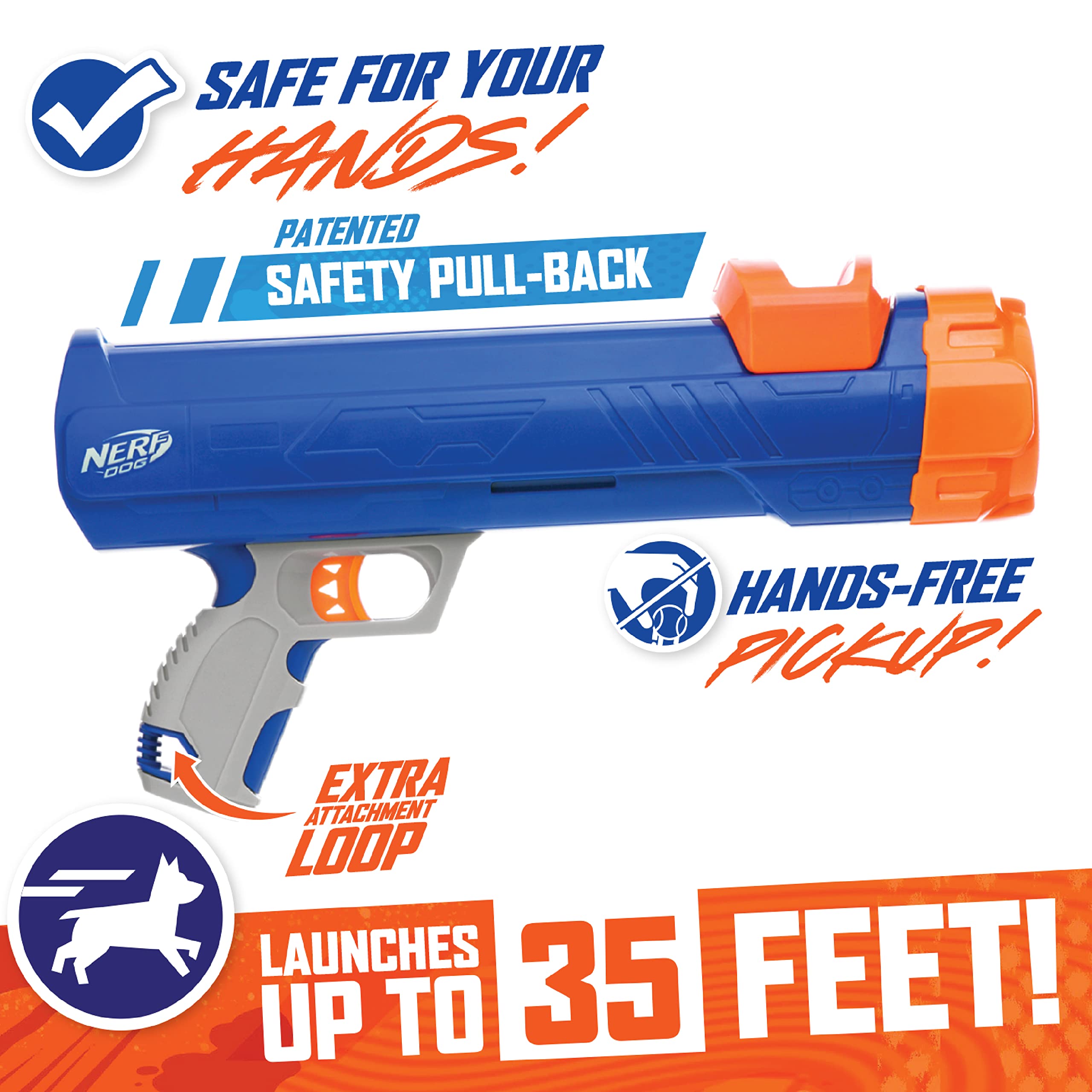 Nerf Dog 12in Blaster w/o Ball Clip 3 2in Squeak Tennis Balls - Opaque Blue/Orange/Gray and Orange and Blue and Green