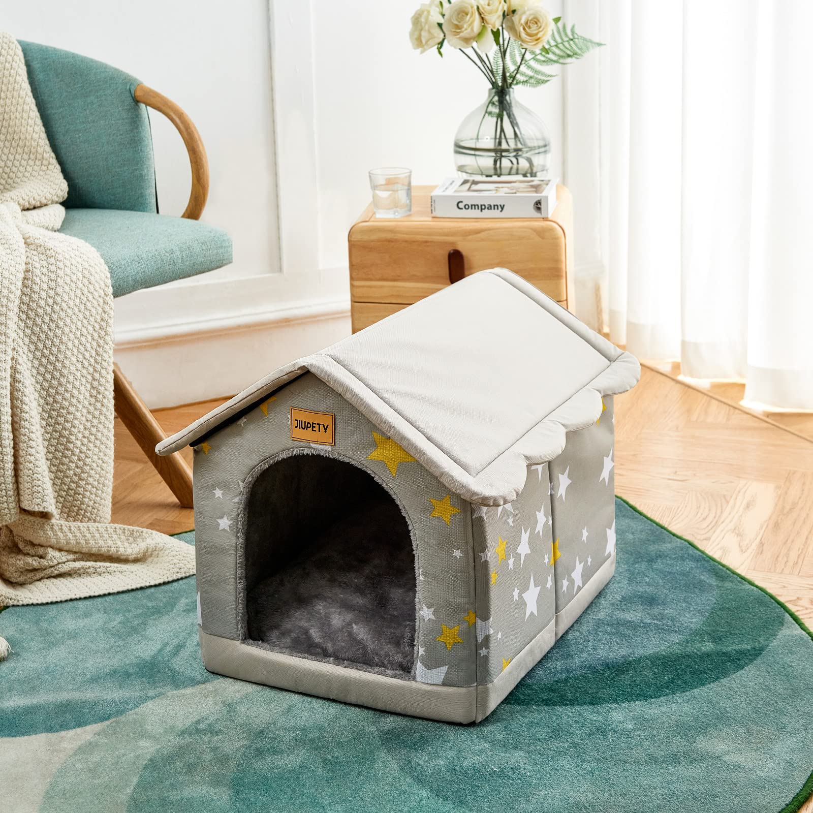 Jiupety Cozy Pet Bed House - Indoor/Outdoor for Cats & Medium Dogs, L Size, Advanced Oxford, Gray, Model JiupetyFXHouse-A