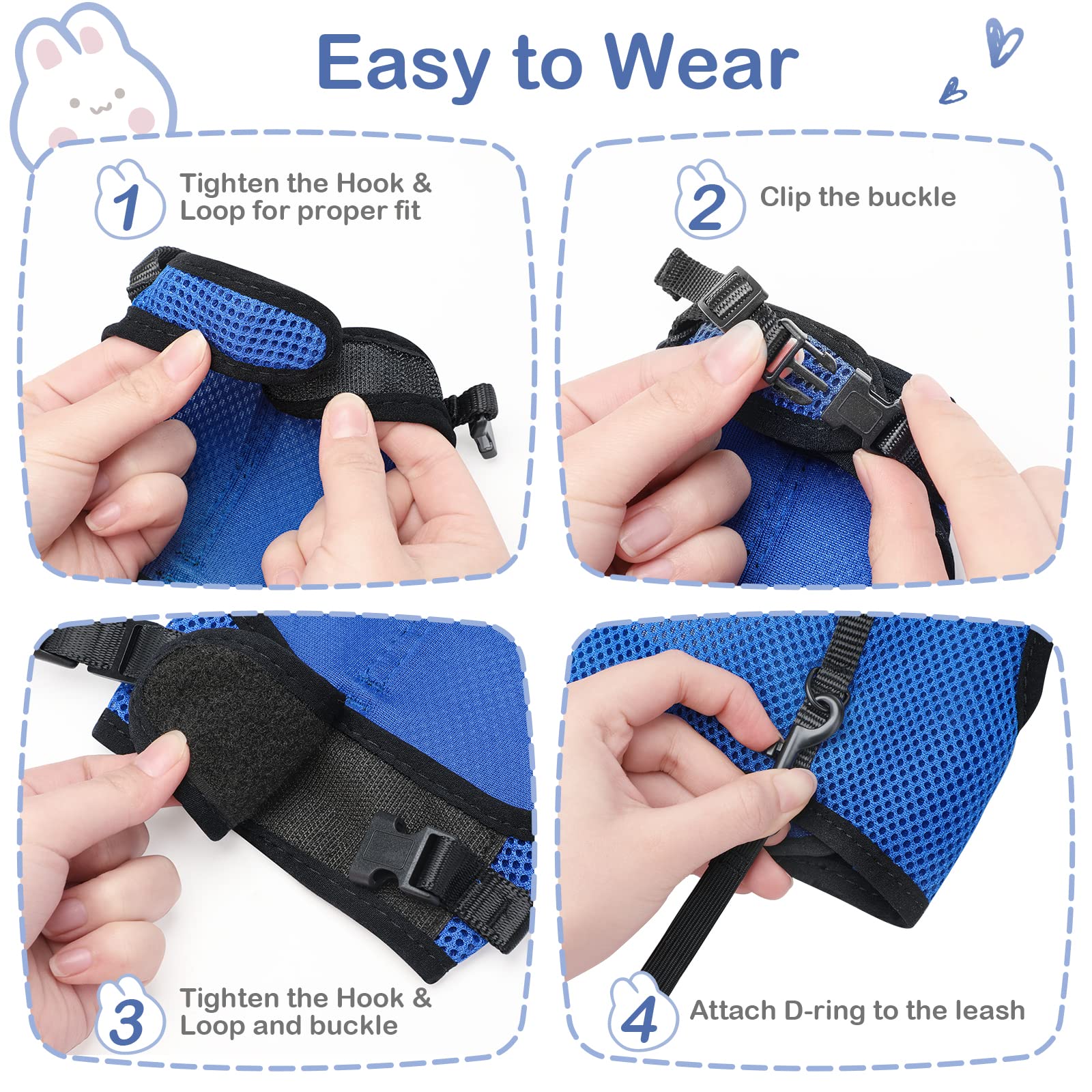 Pettom Bunny Rabbit Harness With Stretchy Leash Cute Adjustable Buckle Breathable Mesh Vest For Kitten Small Pets Walking (S(Chest:9.8-12.5 In), Blue)