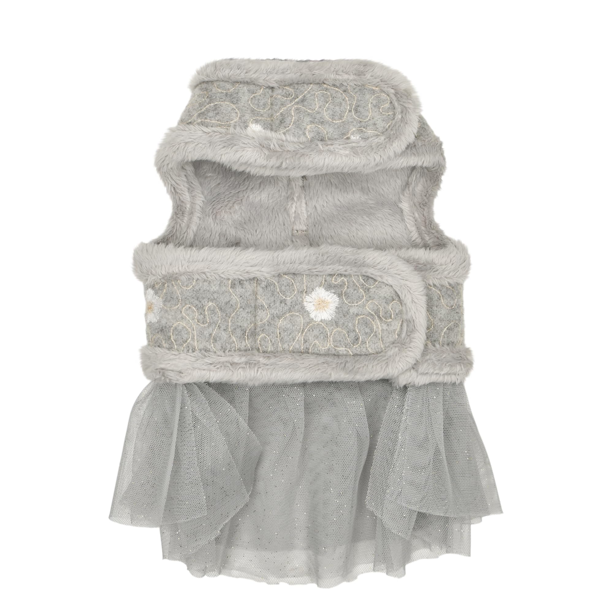 Pinkaholic New York Lidia Dress Dog Harness Warm Winter Flower Pattern for Small Dog, Light Grey, Medium