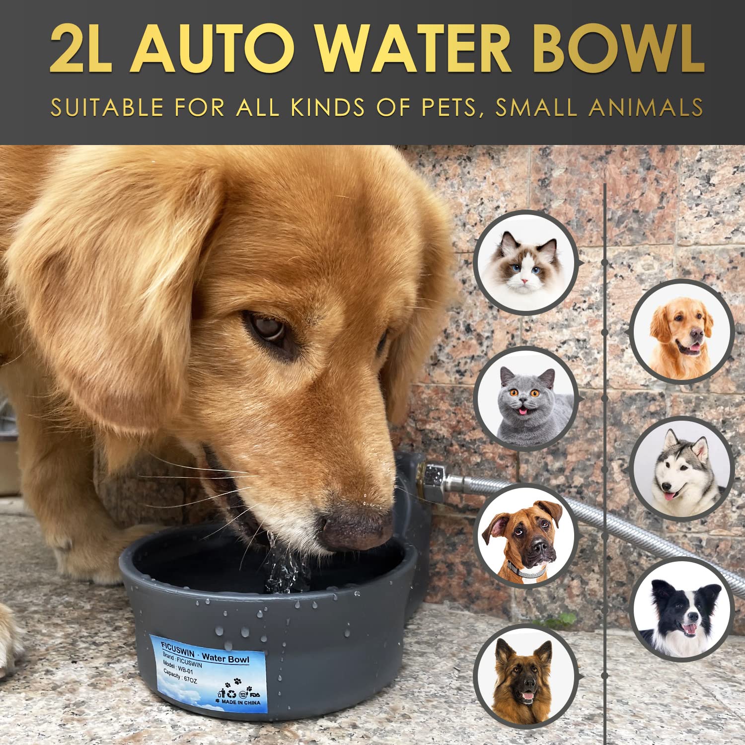 Patented Automatic Dog Water Dispenser - 70Oz, 2L Bowl, Fits 3/4In Ght Male Connector, Outdoor, Auto Fill, 5Ft Hose
