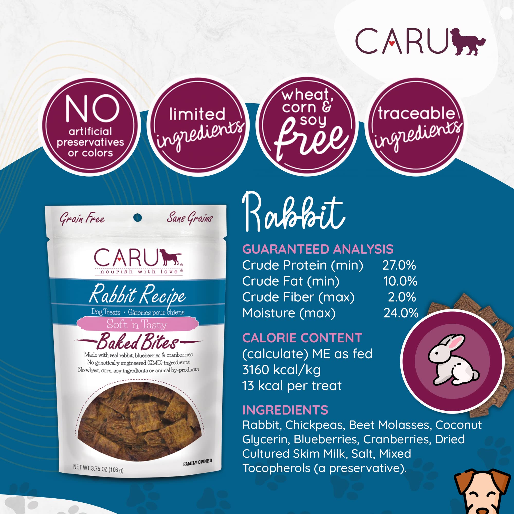 CARU - Soft n Tasty Baked Bites - Rabbit Bites Dog Treats - Flavorful Training Treats - 3.75 oz