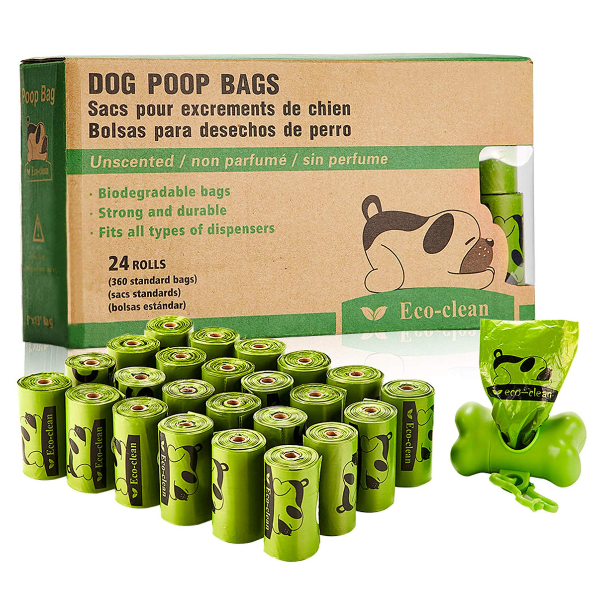 Eco-Clean Dog Poop Bags, 24 Rolls/360 Bags With Dispenser, Dog Waste Bags, Unscented, Leak-Proof, Easy Tear-Off