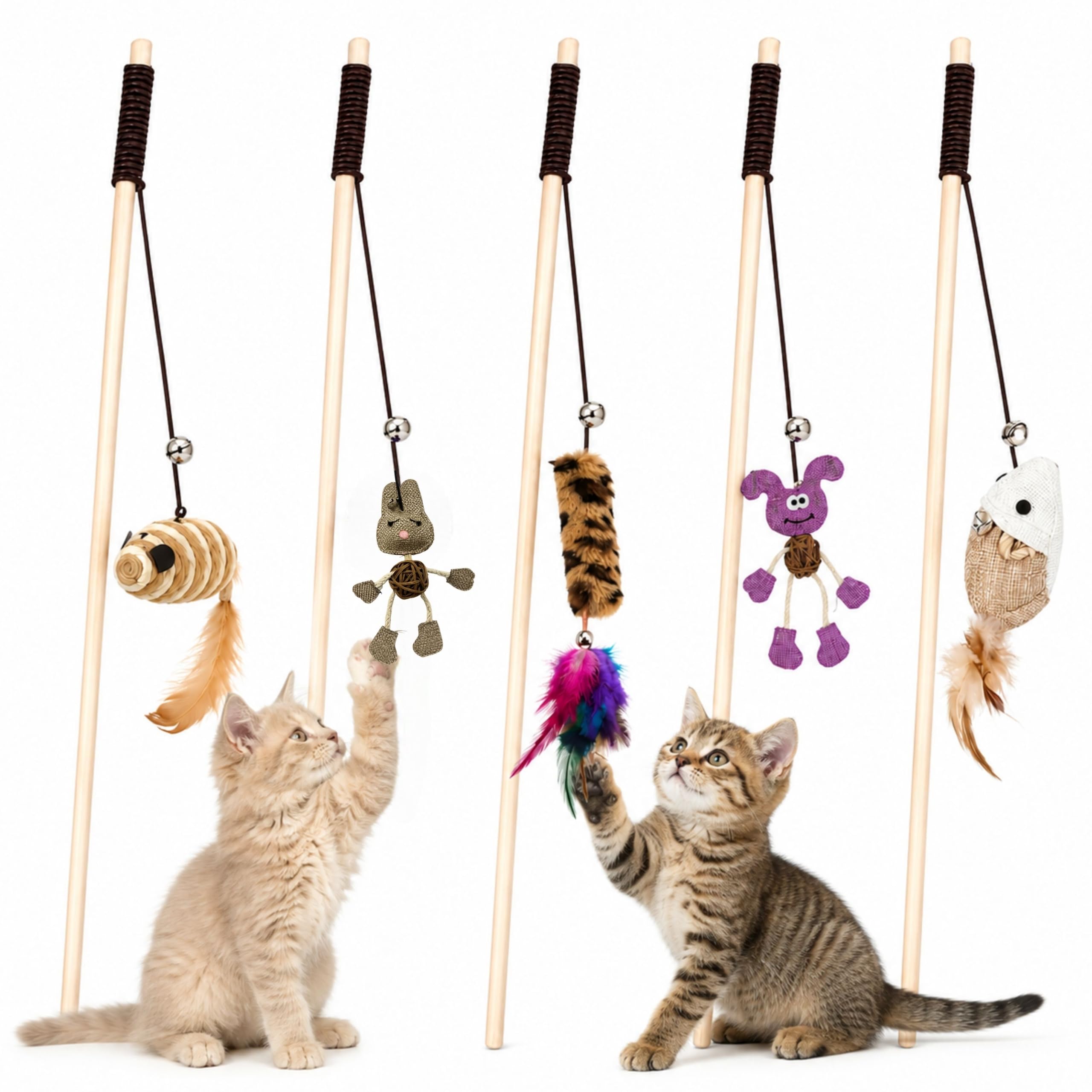 Little Needs Interactive Cat Teaser Stick Combo Of 5  (Mouse Bell, Stripe, Brown Rabbit, Sisal Mouse & Pink Puppy) With Attache
