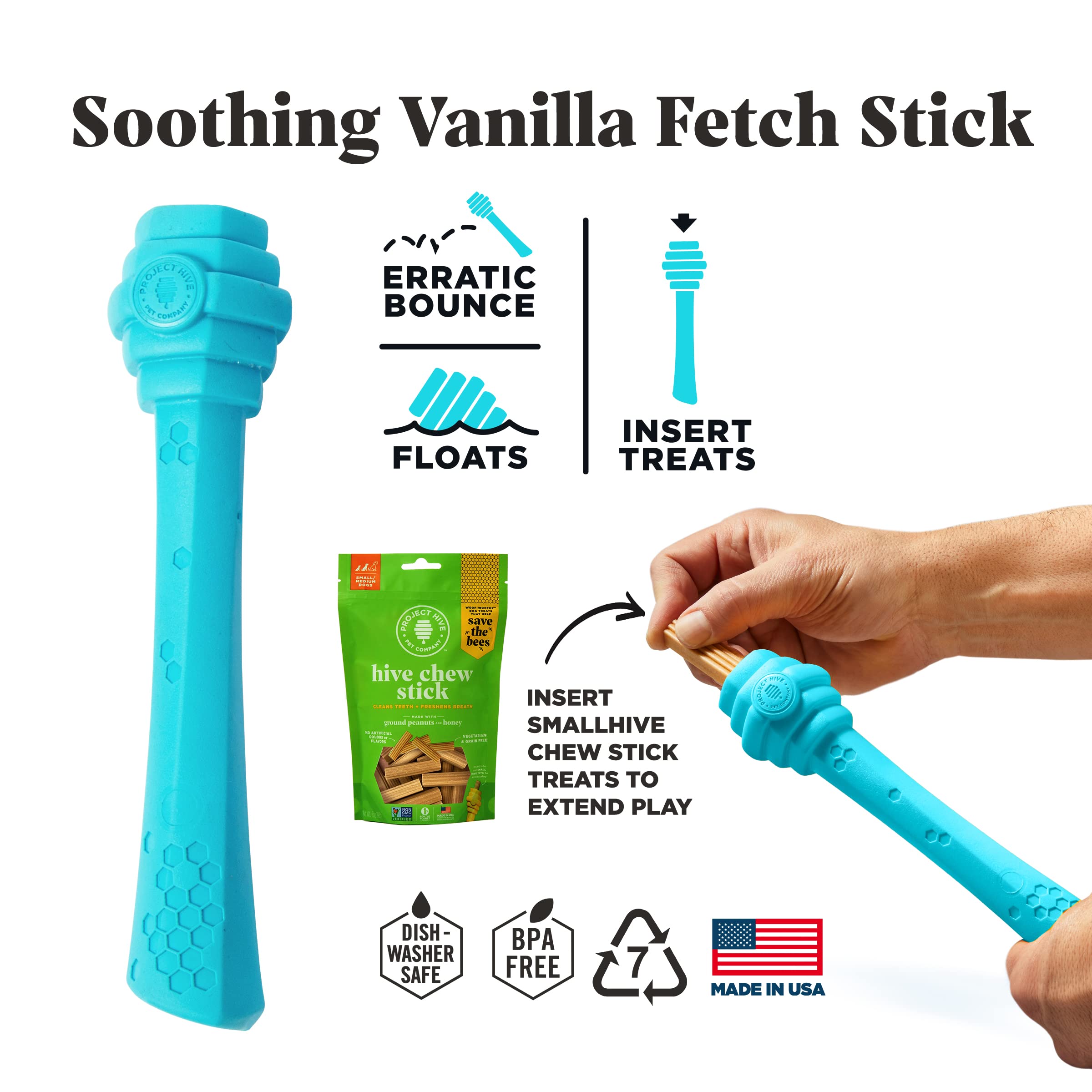 Project Hive ·Pet Company· - Soothing Vanilla Scented - Hive Dog Fetch Stick For Large Breeds - Dog Stick Toy - Floats In Water - Treat Dispenser Toy - Durable And Tough - Made In The Usa