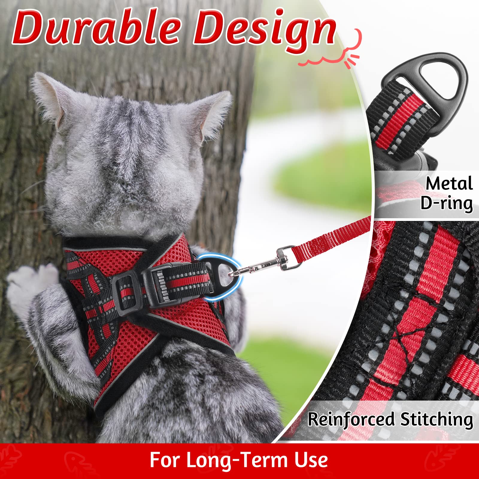 Rabbitgoo Cat Harness And Leash Set For Walking Escape Proof, Adjustable Soft Kittens Vest With Reflective Strip For Cats, Comfortable Outdoor Vest, Red, M