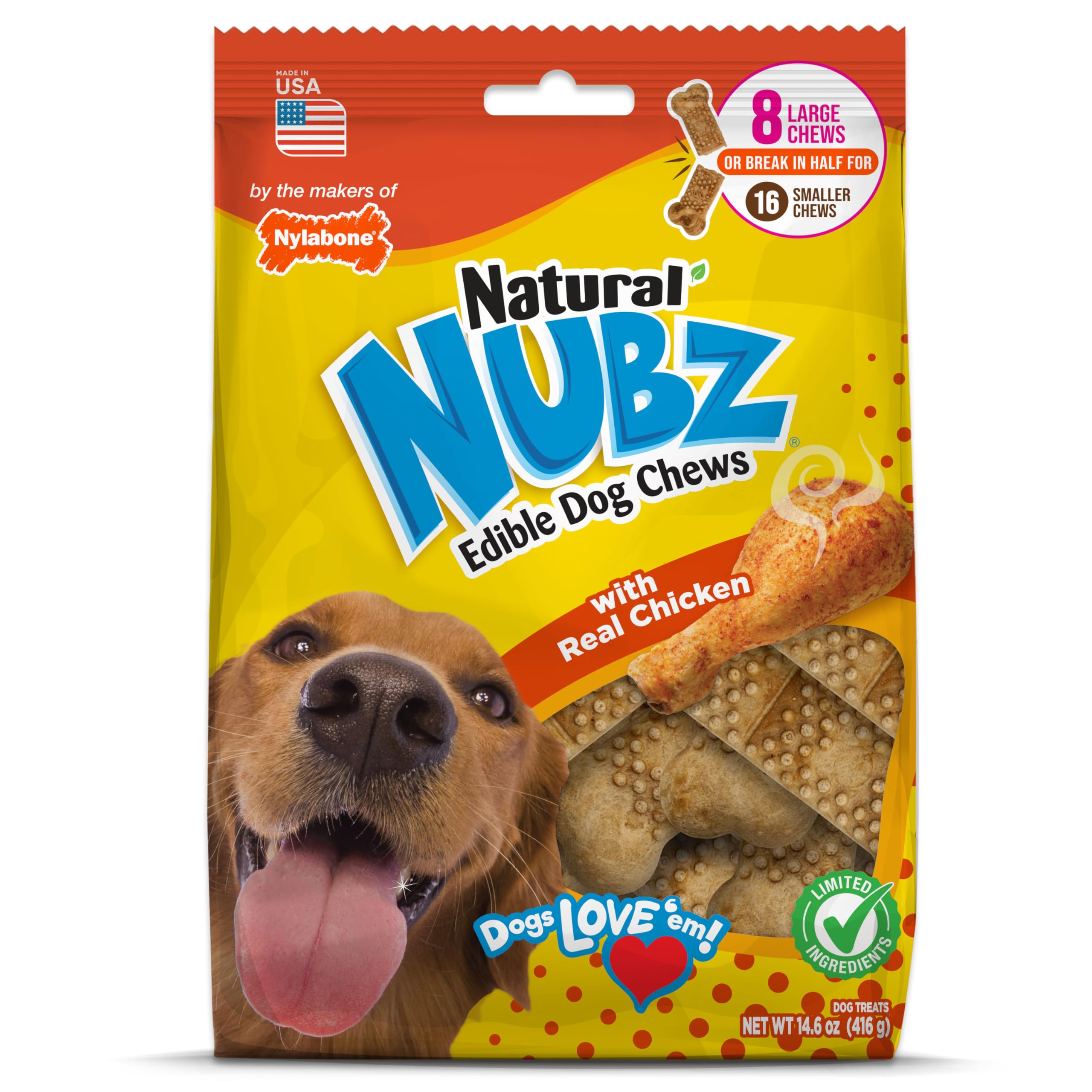 Nylabone Nubz Natural Edible Chew Treats for Dogs, Long Lasting Chews Made in USA, Chicken Flavor, Large - Up to 50 lbs. (8 Coun