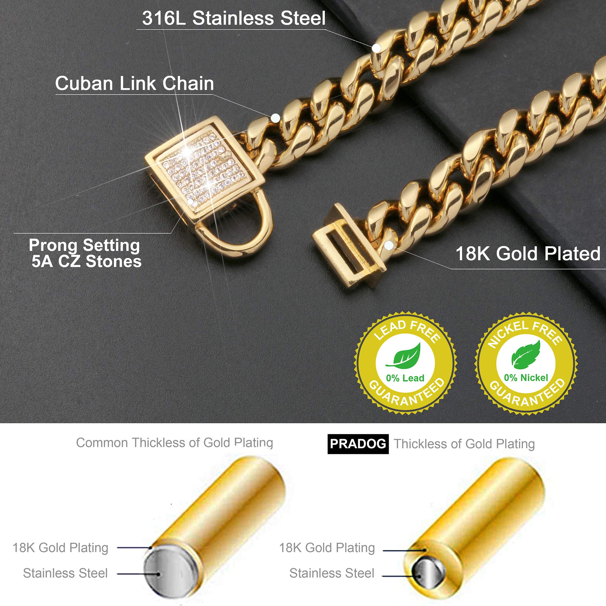 Pradog Gold Chain Dog Collar With Zirconia Buckle Stainless Steel Chain Collars Cuban Link Dog Collar Designer Bling Puppy Neckl