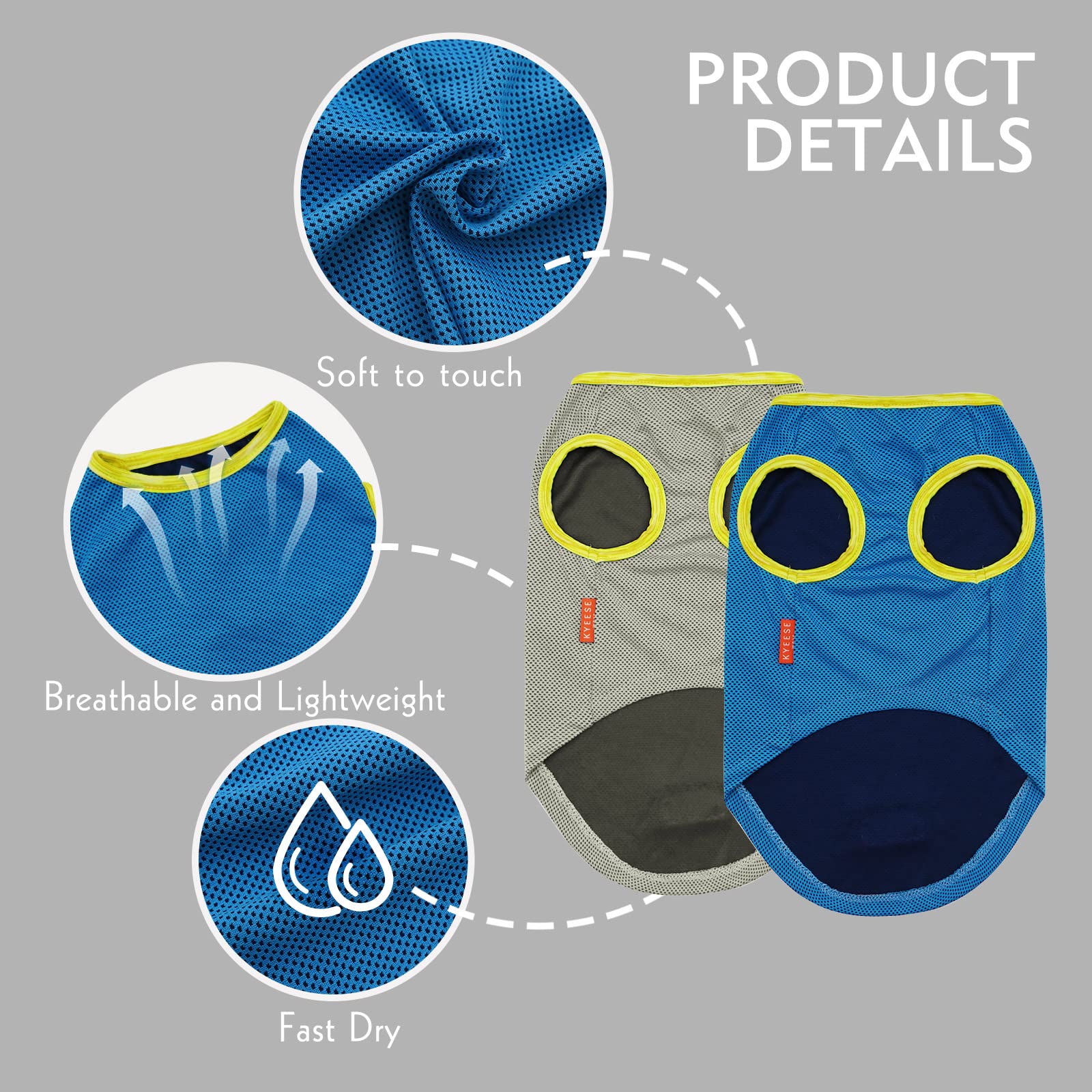 Kyeese 2 Pack Dog Cooling Shirts - Breathable Instant Cooling Vests, Lightweight For Summer Dog Apparel, Blue+Grey, X-Large
